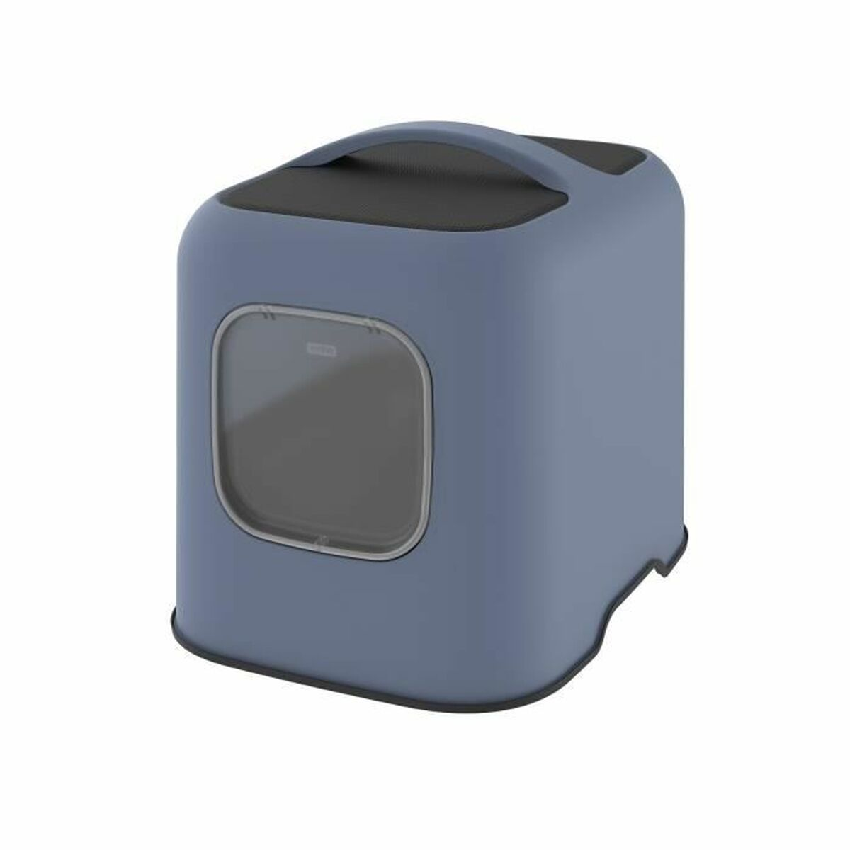 Una caja de arena azul con asa superior y entrada rectangular.