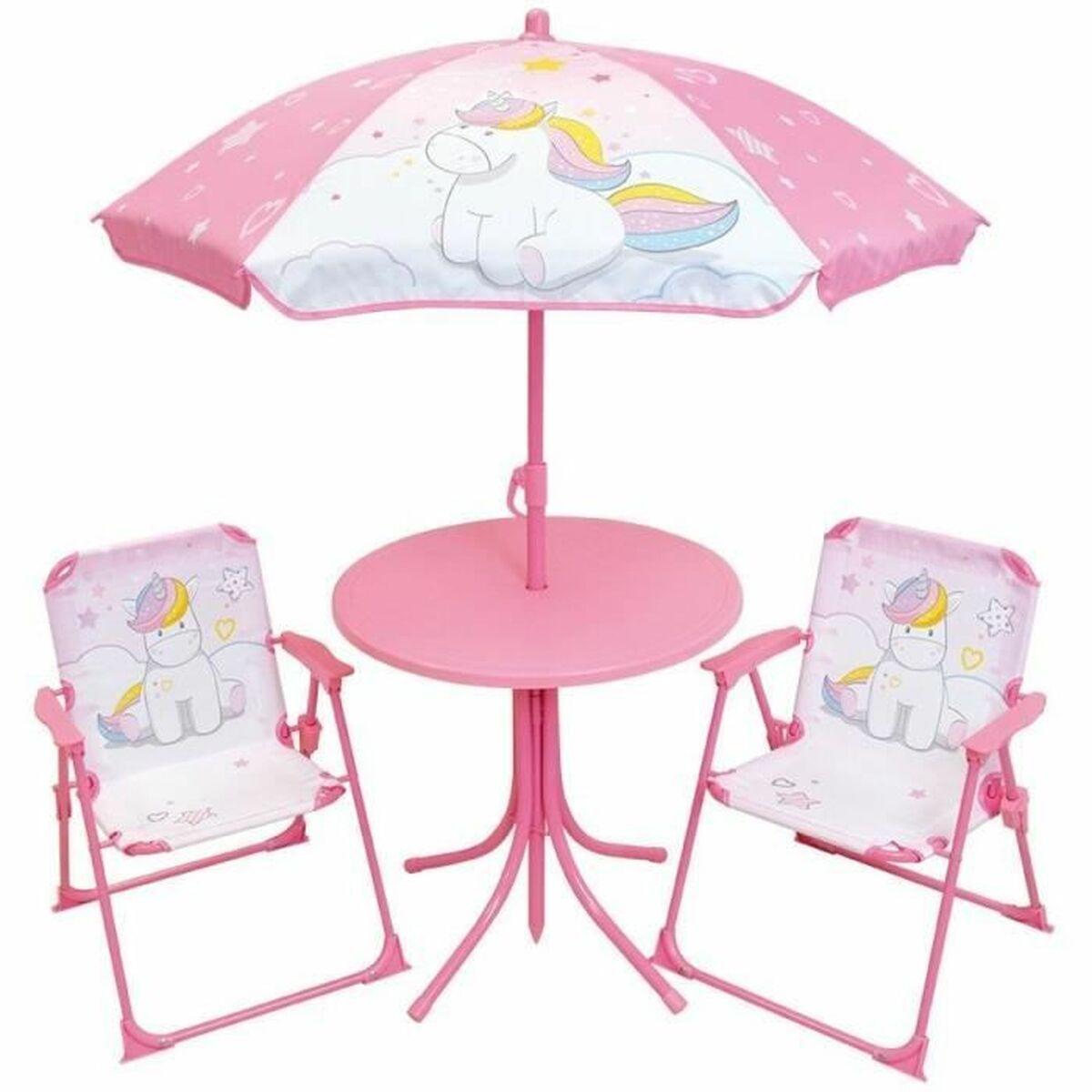 Un tavolo per bambini rosa con due sedie e un ombrellone, con disegni di unicorno.