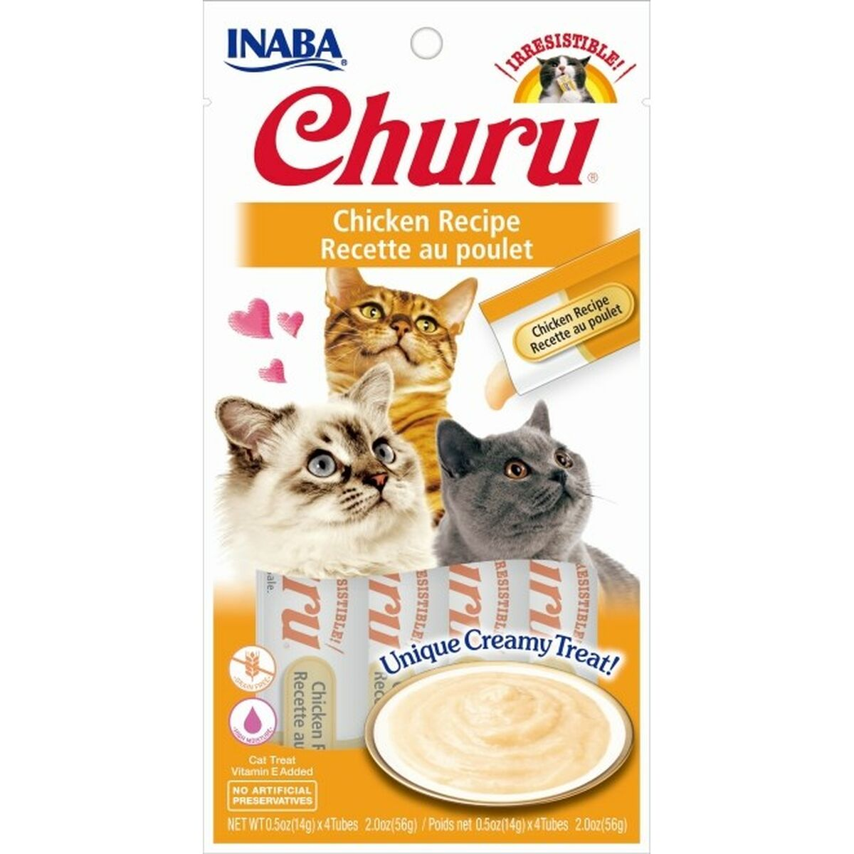 Empaque de golosinas para gatos Churu con tres gatos y un tazón de golosinas cremosas.