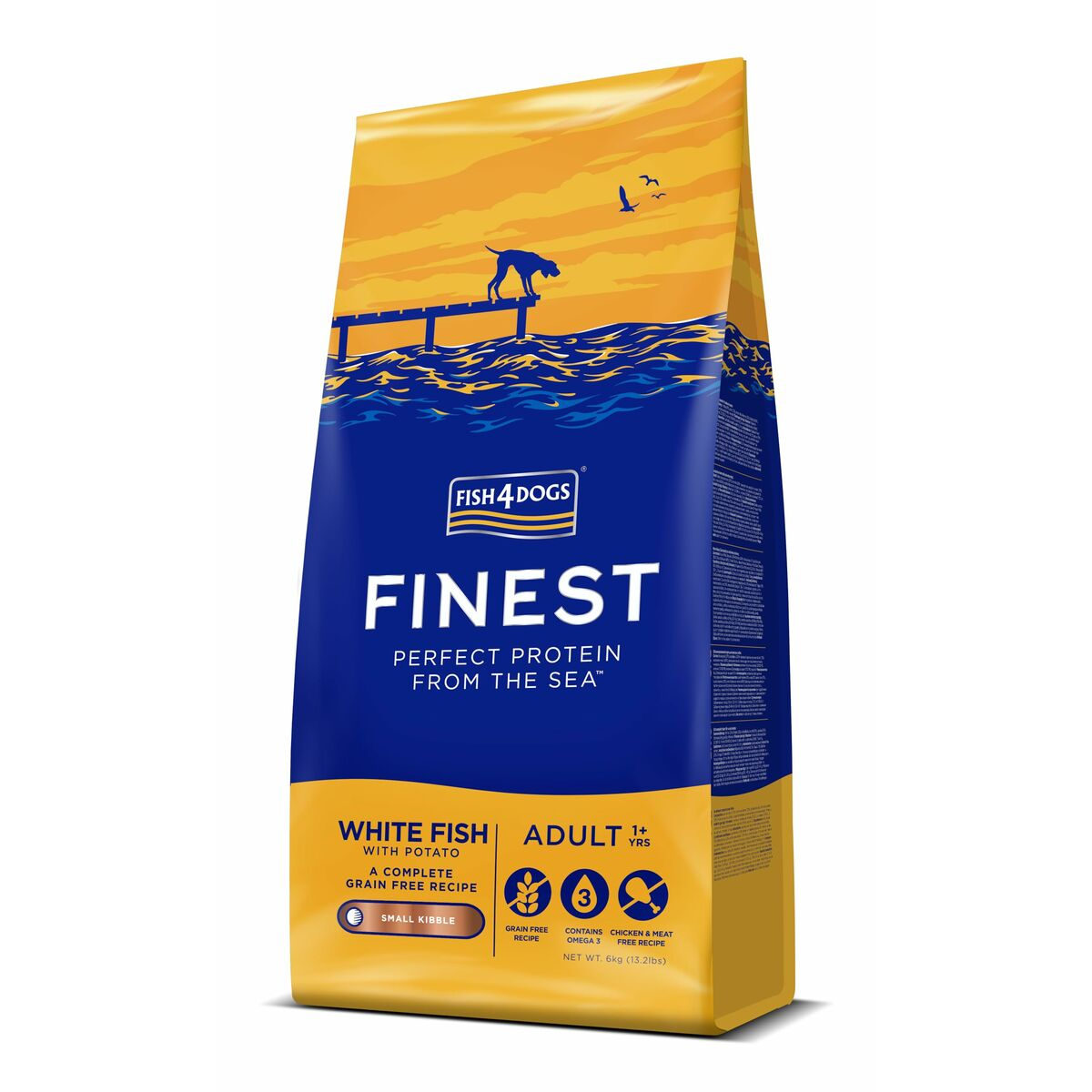 Torba karmy dla psów Fish4Dogs Finest, smak białej ryby, z grafiką psa na pomoście.