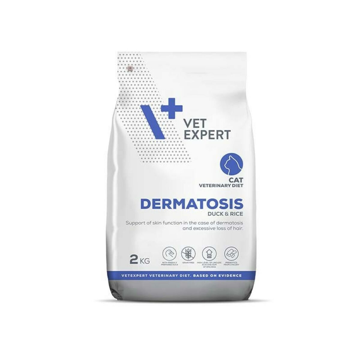 Biała torba 2kg Vet Expert Dermatosis Karma Weterynaryjna dla Kotów, kaczka i ryż.