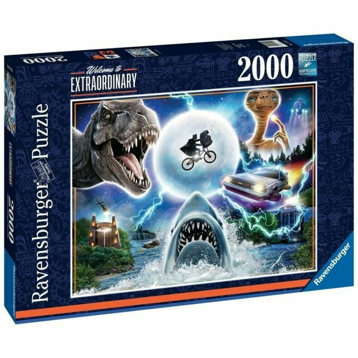 Pudełko z puzzlami i ikonami filmowymi: T-Rex, E.T., rekin, DeLorean, helikopter.