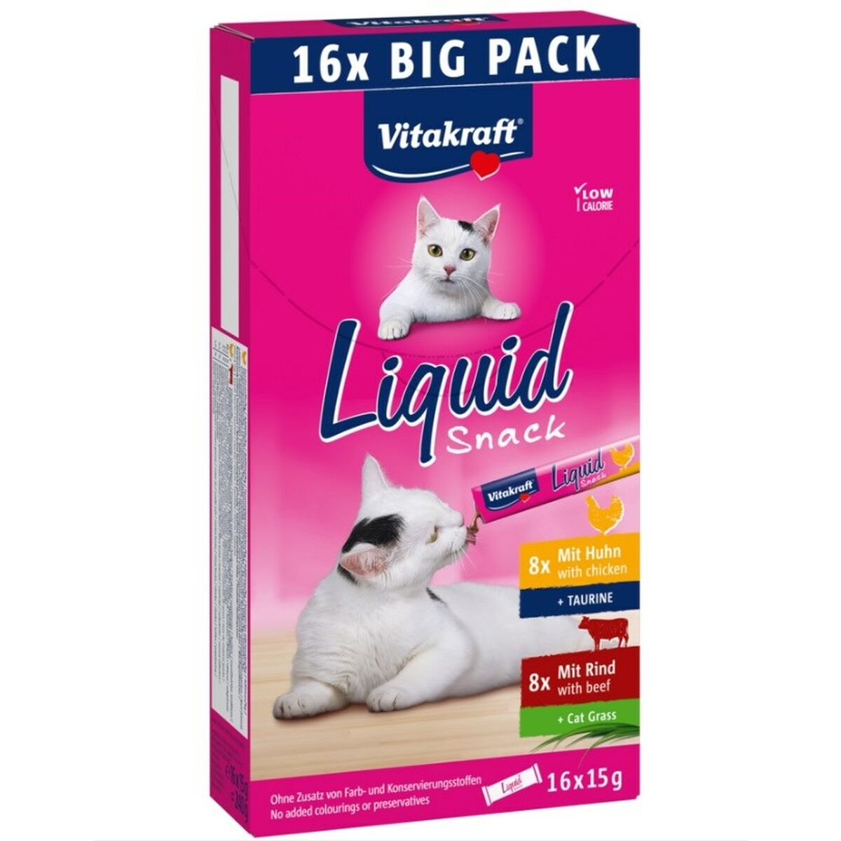 Caja Vitakraft Liquid Snack con gatos. Bajo en calorías, sabores a pollo y ternera. 16x15g.