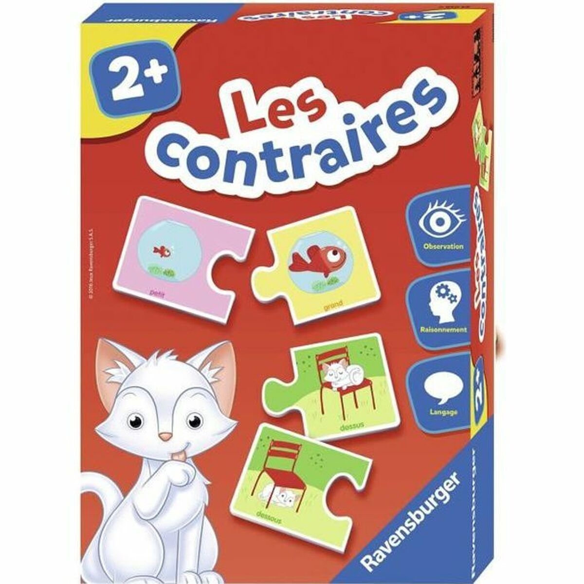 Spielbox mit weißer Katze, Puzzleteilen und Aufschriften wie Les Contraires.