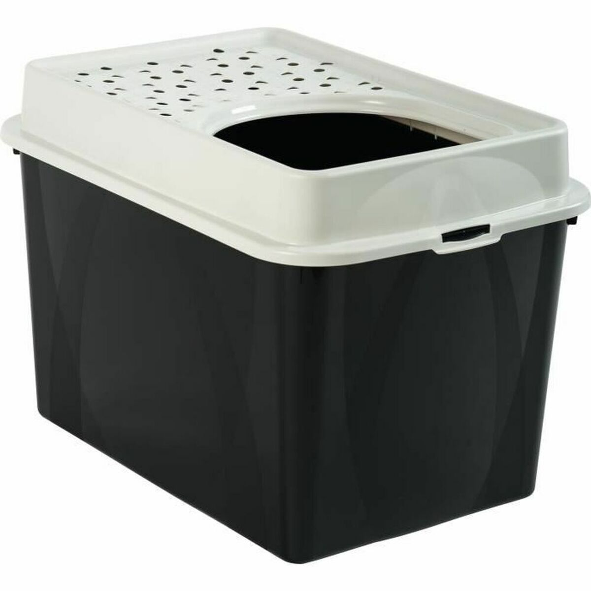 Lettiera nera con coperchio bianco e fori di ventilazione.