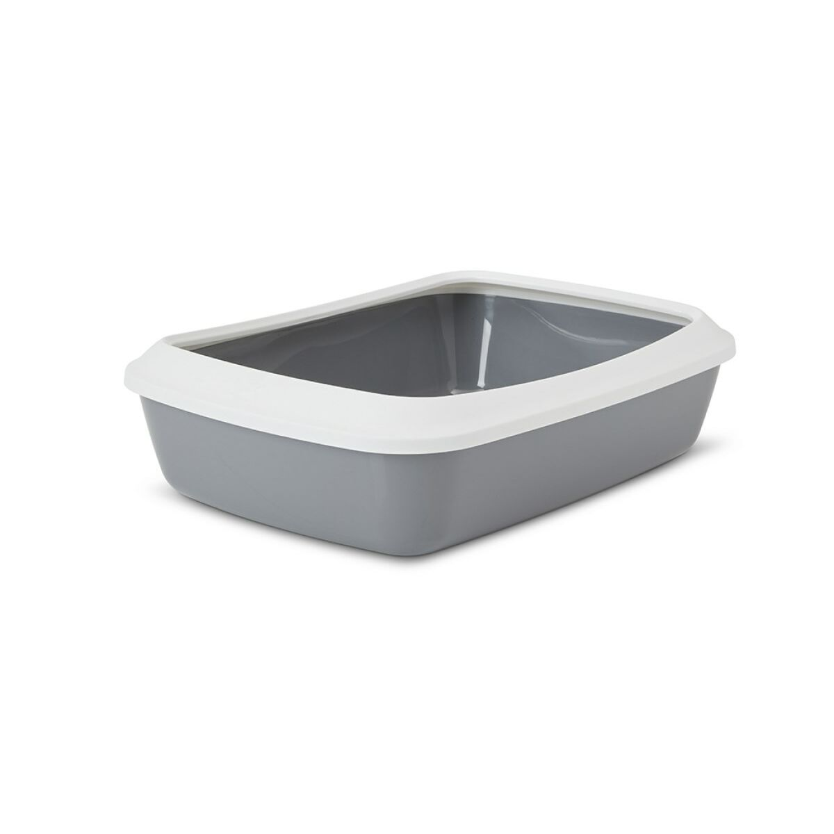 Bandeja de arena gris con borde blanco, aislada sobre fondo blanco.