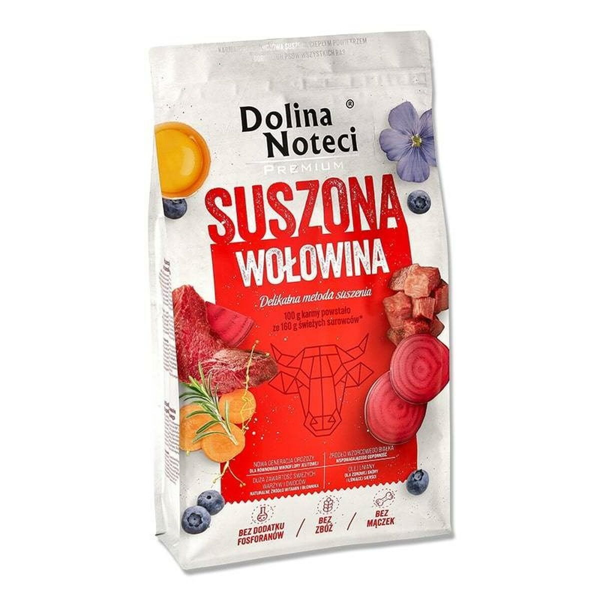 Torba z karmą dla psa z wołowiną, marchewką, burakiem, jagodami.