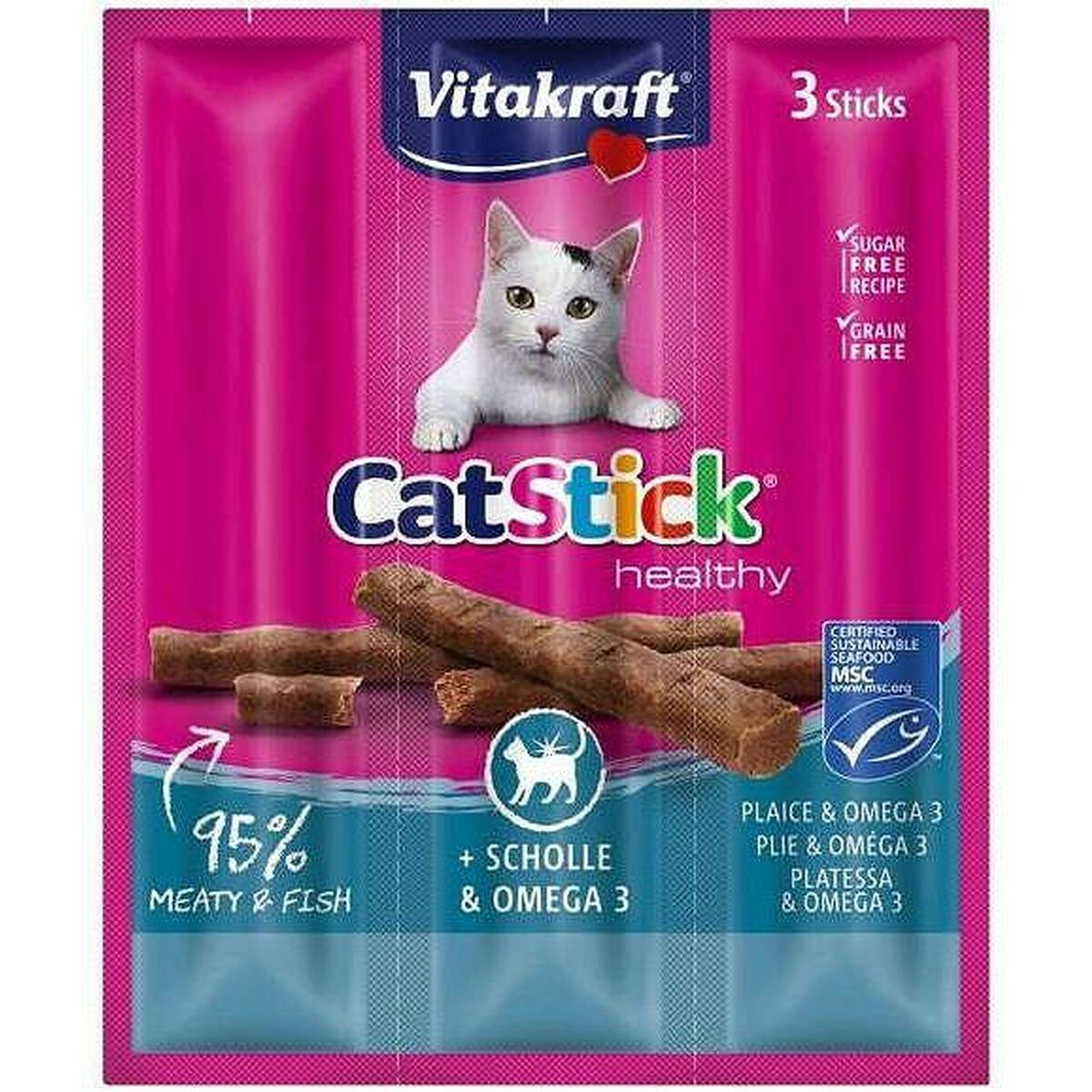 Embalaje Vitakraft Cat Stick con gato, 3 barritas, 95% carne y pescado.