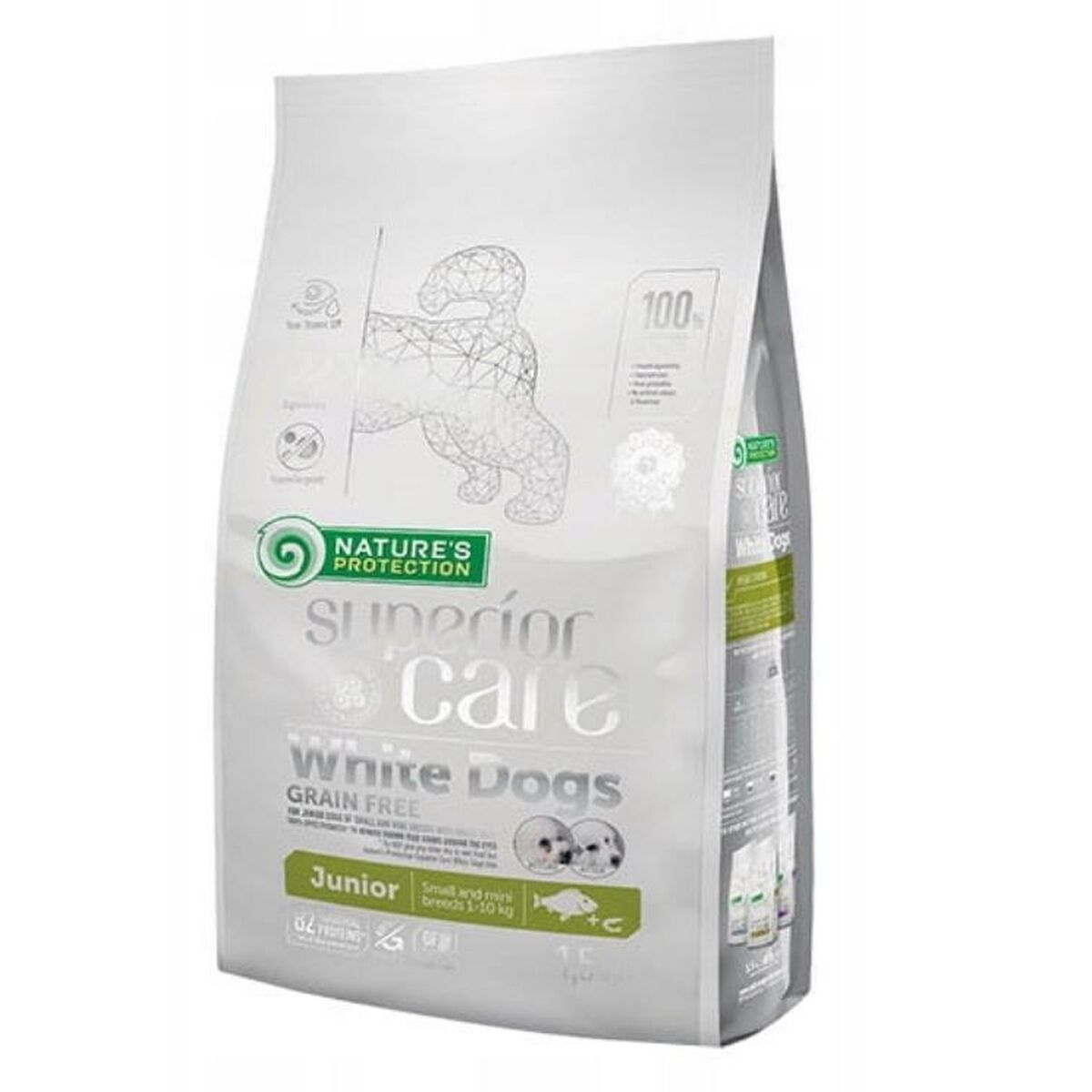 Bolsa de Nature's Protection Superior Care White Dogs Junior Comida para perros sin grano.