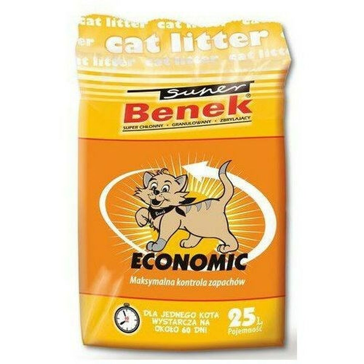 Confezione di lettiera per gatti Benek con grafica di gatto e informazioni sulla capacità.