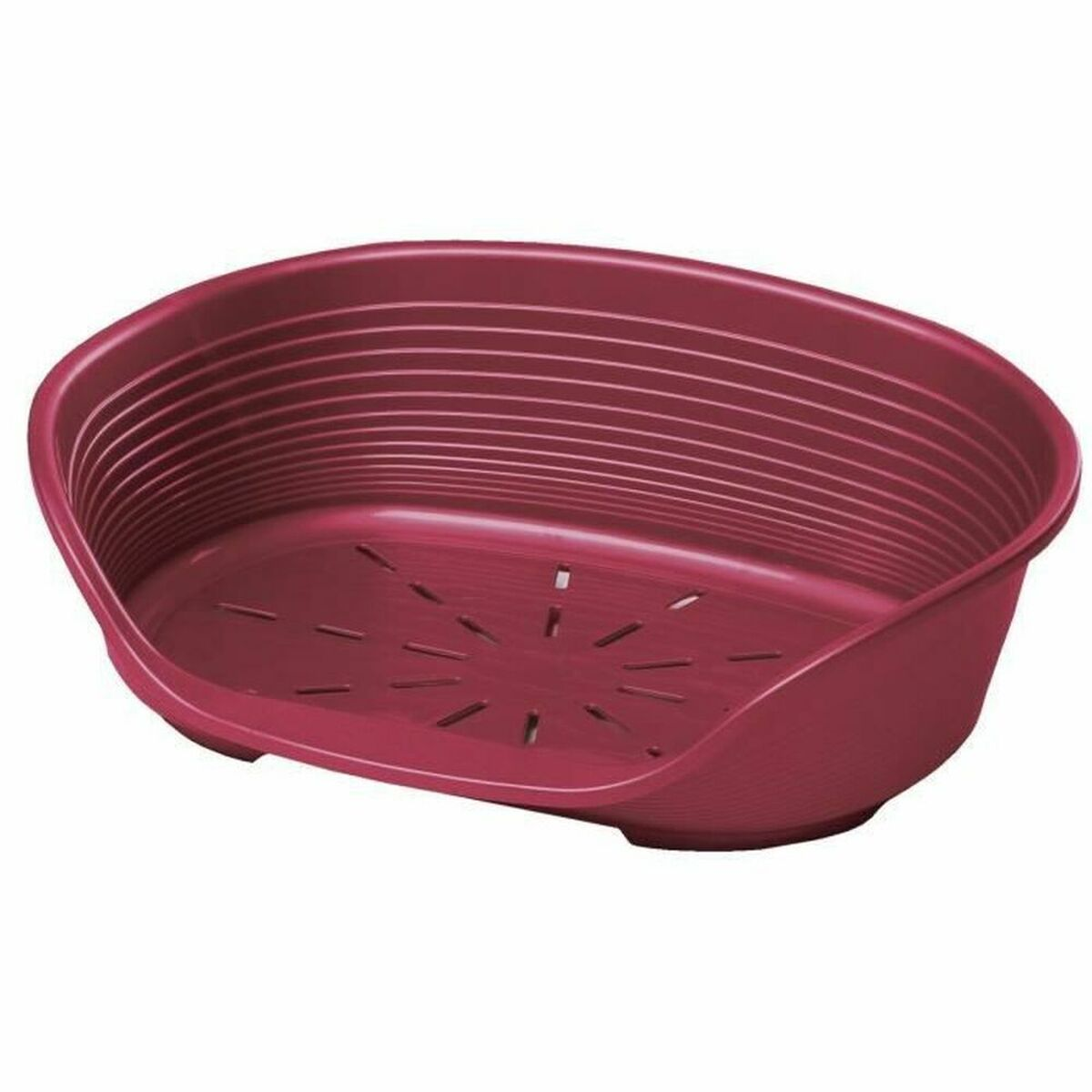 Ein rotes Haustierbett aus Kunststoff mit erhöhten Seiten und einem Lattenrost.