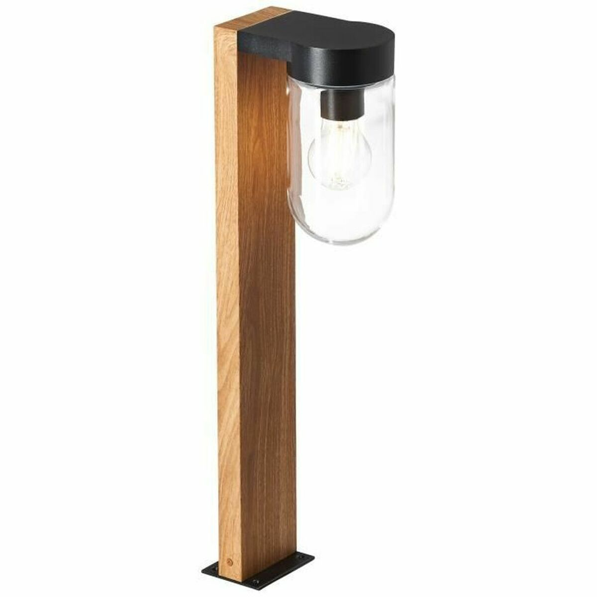 Holzpfosten mit schwarzer Kappe und Glaskolbenlampe, schwarzer Sockel.