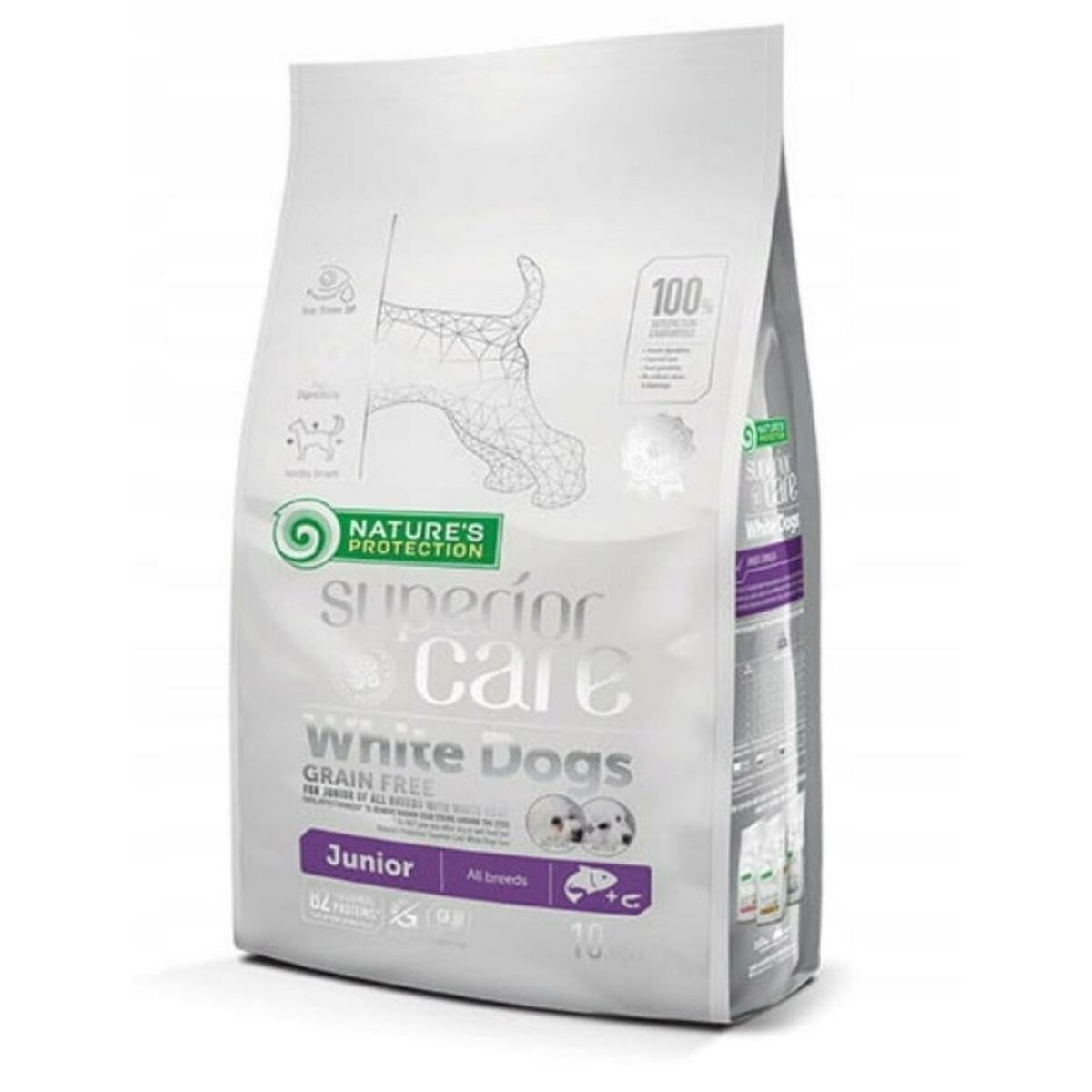 Biała torba karmy dla psów z napisem "Nature's Protection Superior Care White Dogs Junior Grain Free".