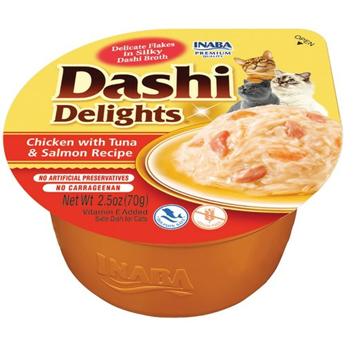 Comida para gatos Inaba Dashi Delights: receta de pollo, atún y salmón en caldo.