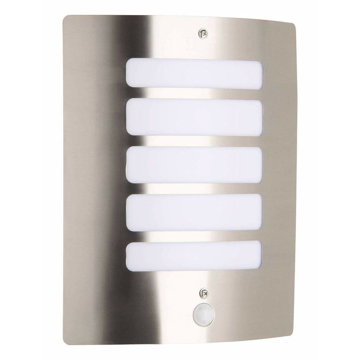 Eine moderne Wandleuchte aus gebürstetem Metall mit fünf horizontalen Lichtern und einem Sensor.