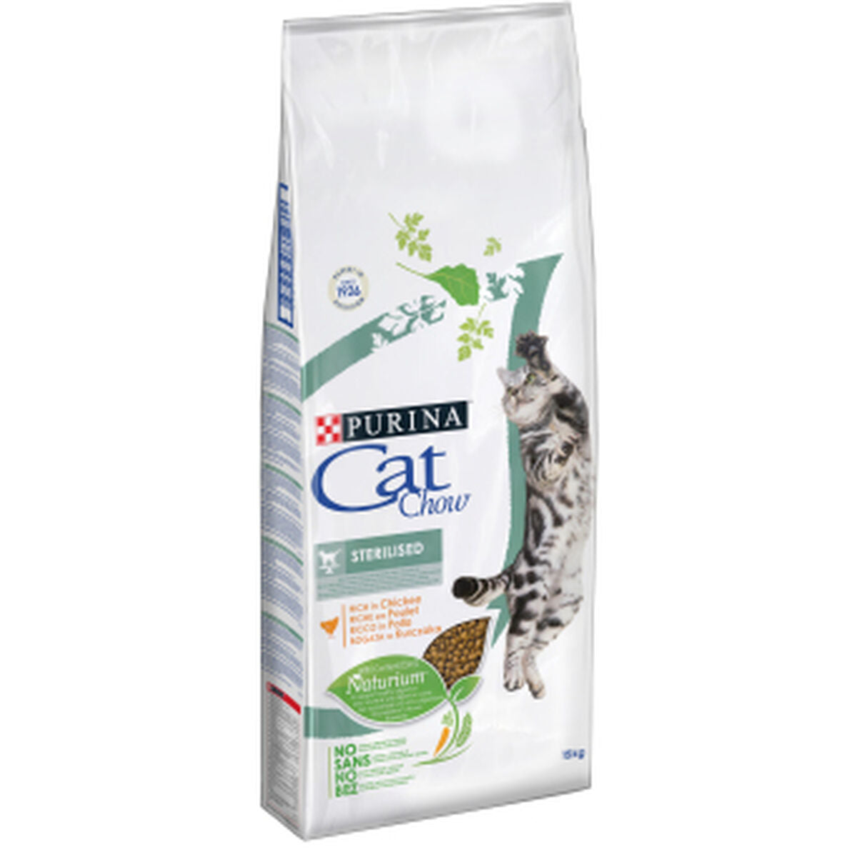 Una bolsa blanca de comida para gatos con un gato atigrado saltando y marca Purina Cat Chow.