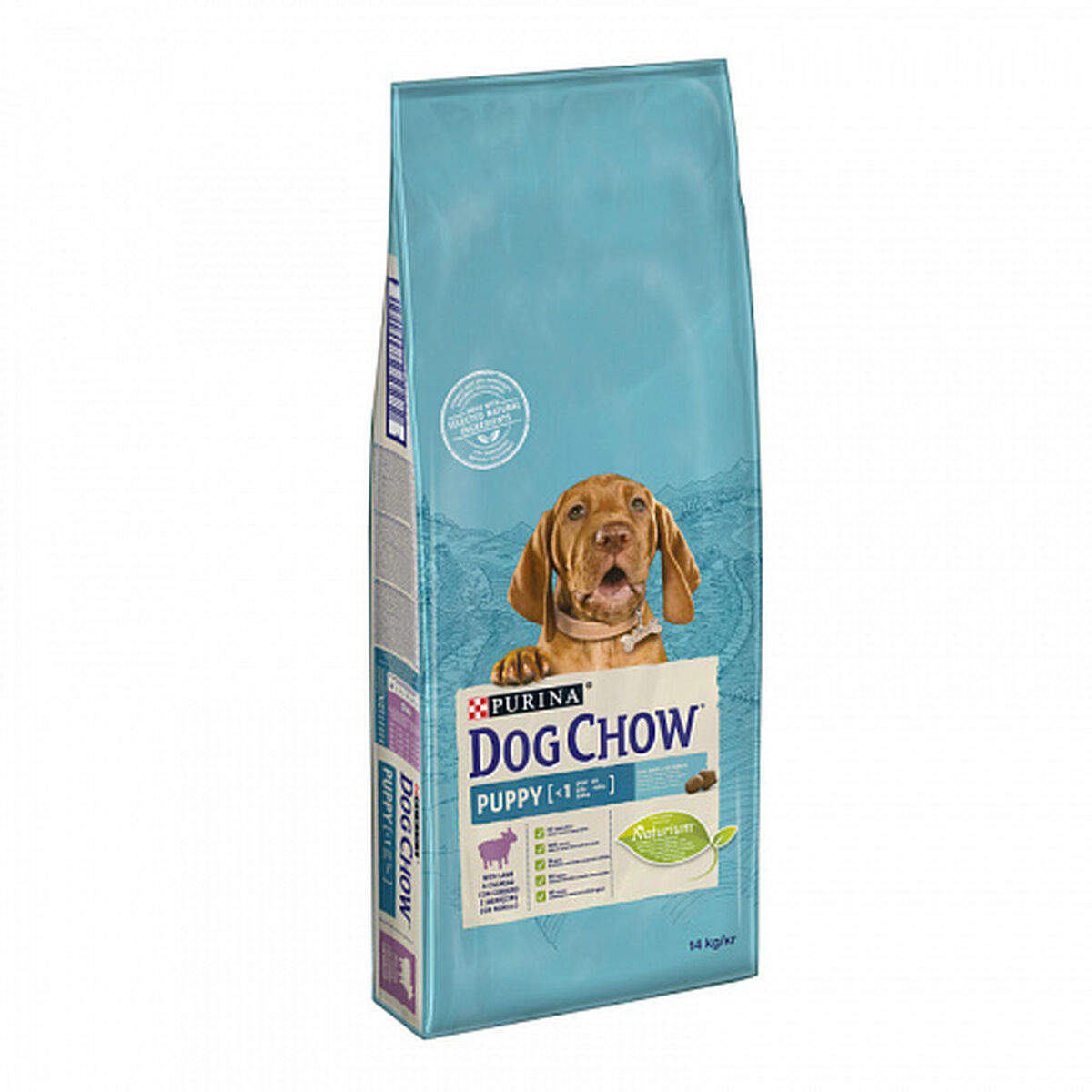 Niebieski worek karmy dla psów ze szczeniakiem i napisem 'Purina Dog Chow Puppy'.