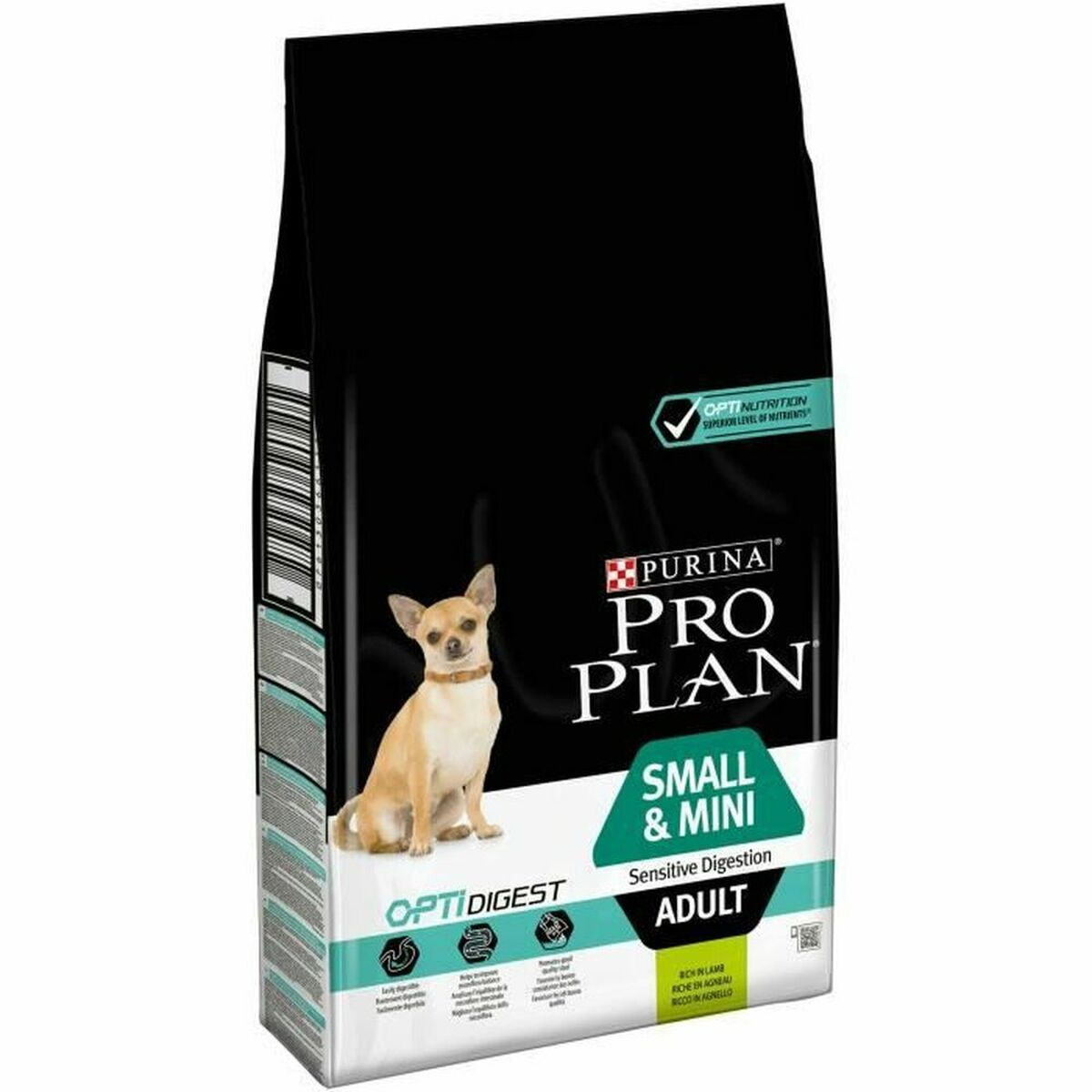 Torba karmy dla psów Purina Pro Plan z małym beżowym chihuahua i tekstem o wrażliwym trawieniu.