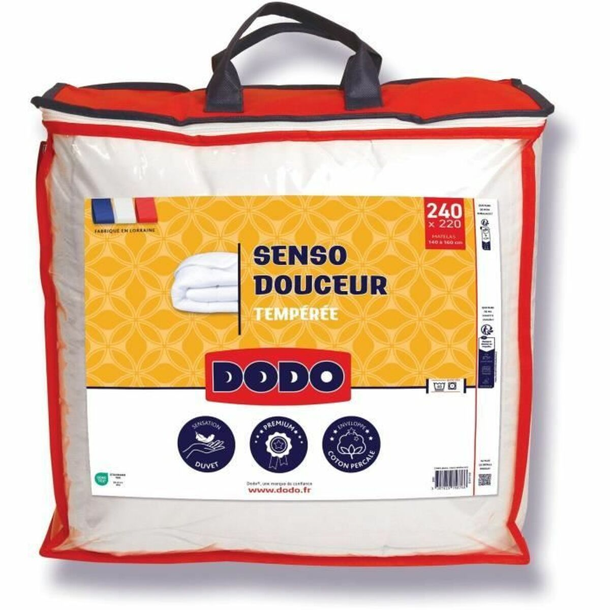 Ein DODO-Bettdecke in klarer Verpackung mit rotem Rand, mit „SENSO DOUCEUR TEMPÉRÉE“ und Produktdetails.