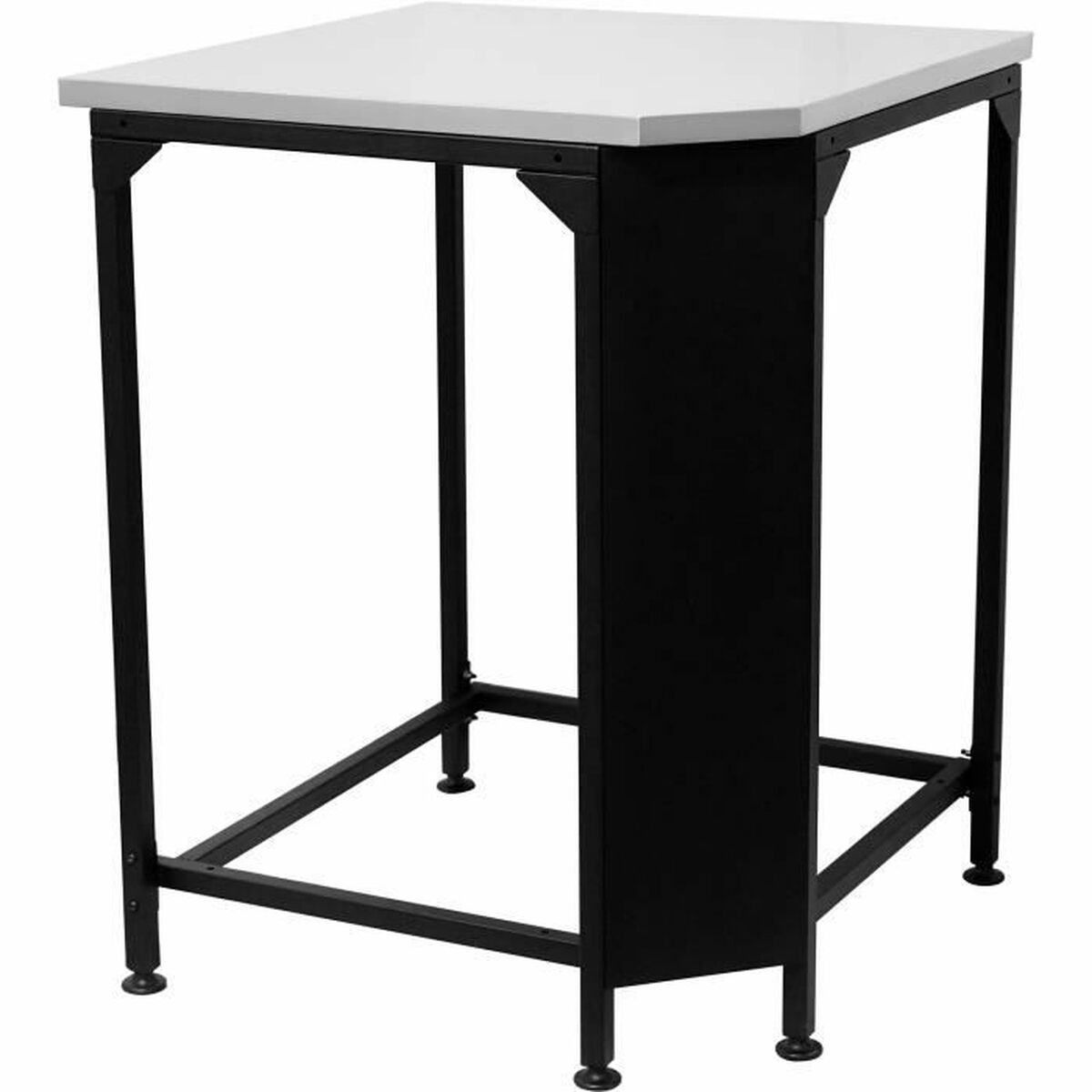Zwarte metalen tafel met wit vierkant blad en een zwart paneel aan één kant.