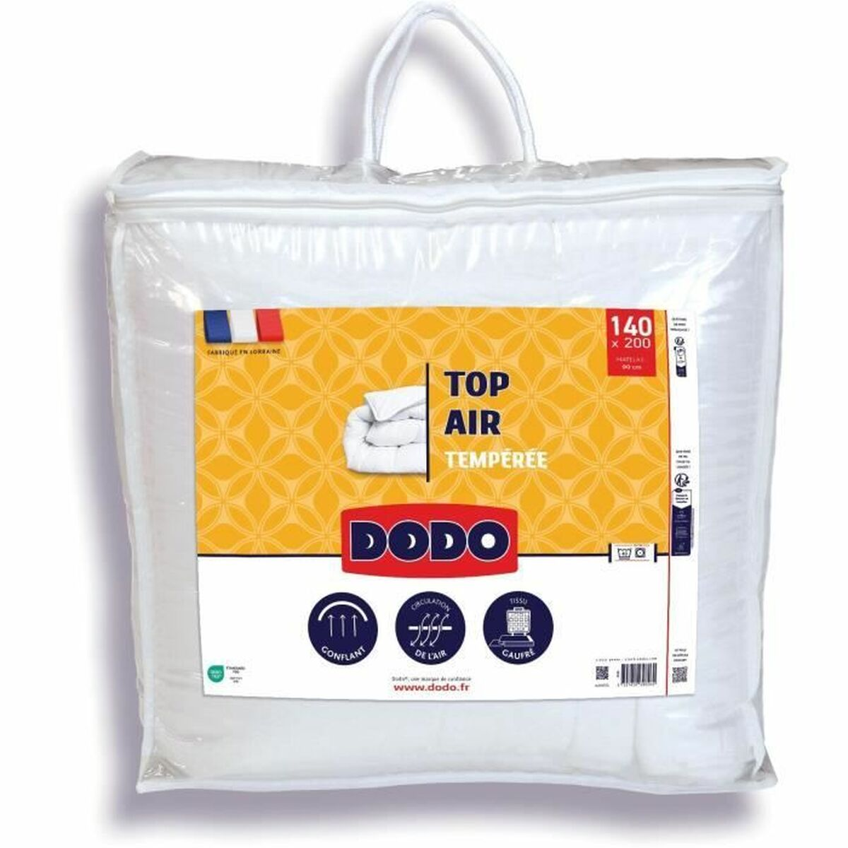 Ein weißer Steppdecke in einer durchsichtigen Tasche mit gelbem Etikett von DODO.