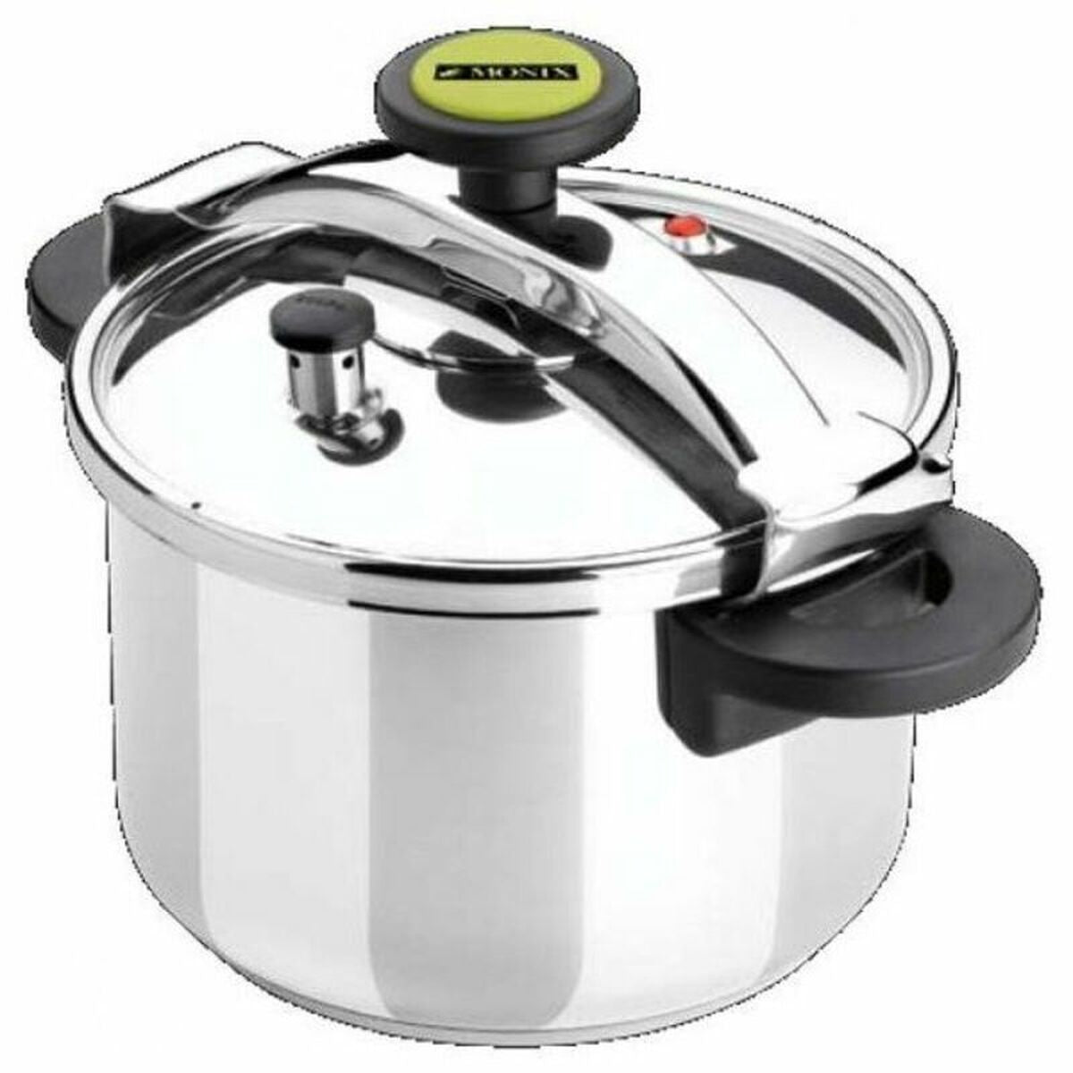 Una olla brillante de acero inoxidable con tapa cerrada y asa amarilla "MONIX".