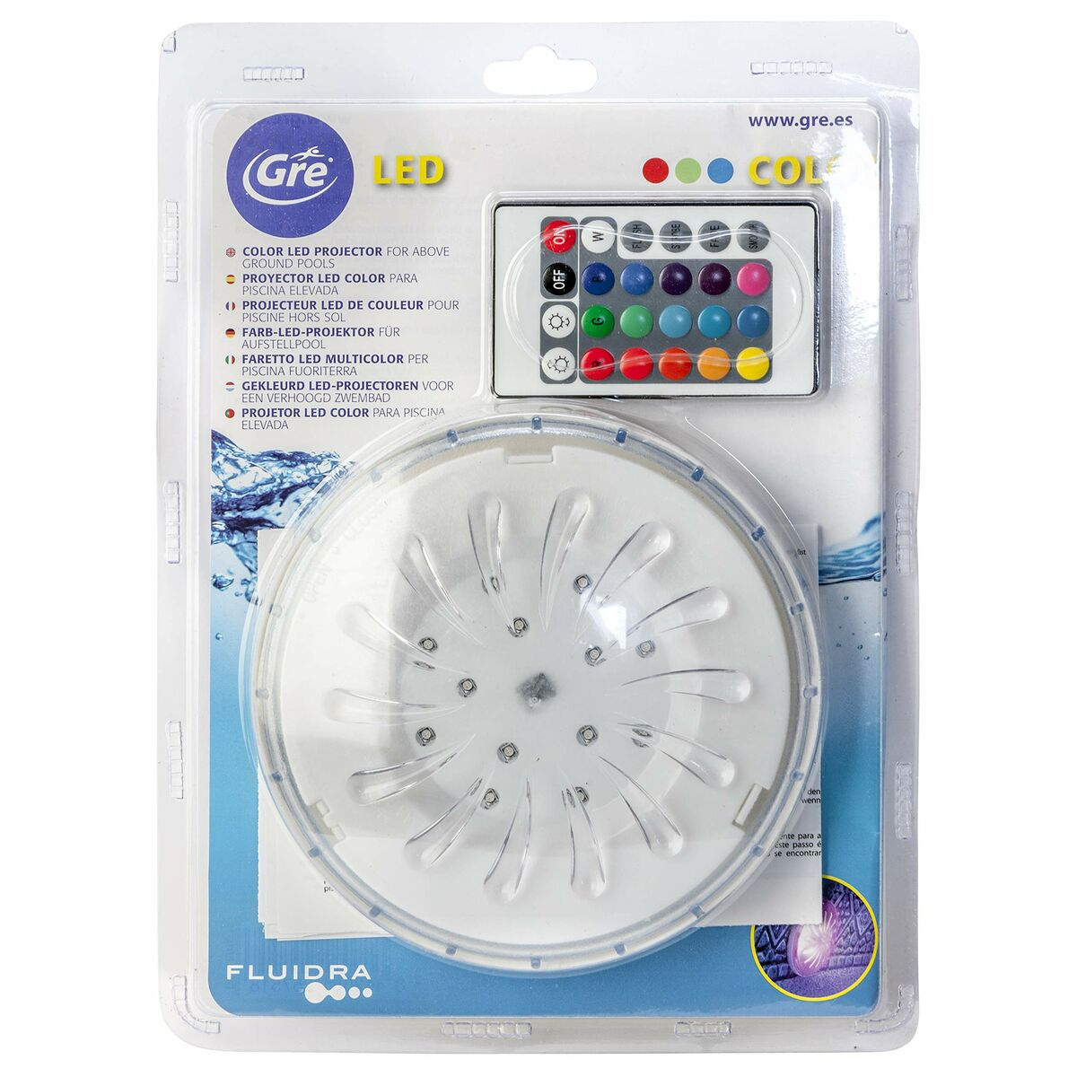 Gre LED Pool-Projektor mit Fernbedienung und Farb-LEDs in der Verpackung.