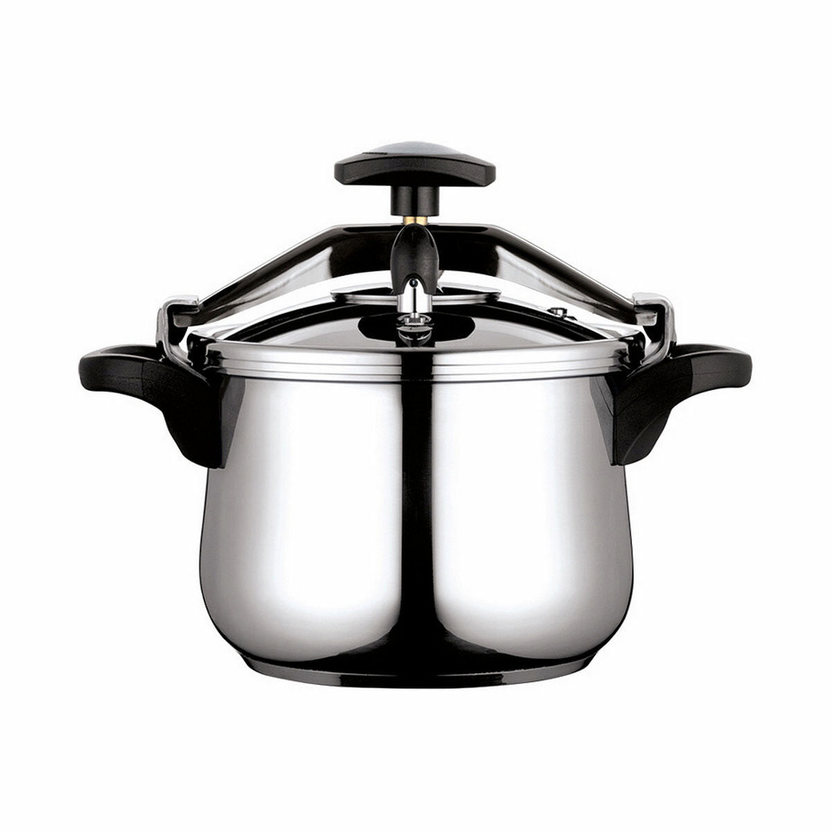 Una olla a presión de acero inoxidable brillante con asas y válvula negras.