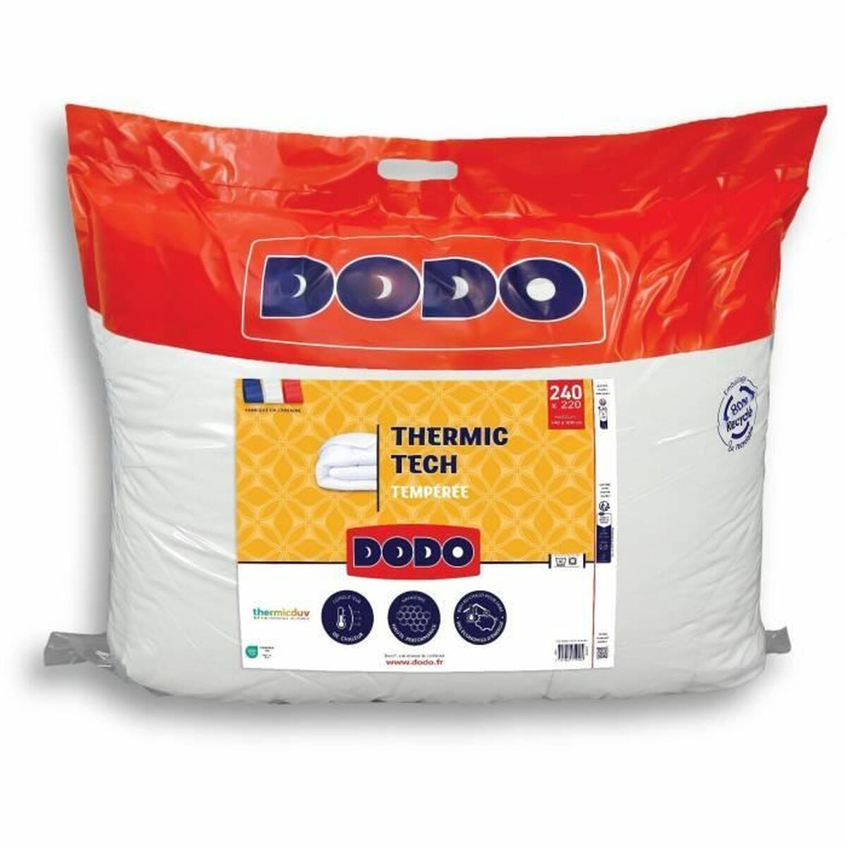 Ein großer, weißer Dodo-Bettbezug mit rotem und orangefarbenem Aufdruck, der mit Thermic Tech wirbt.