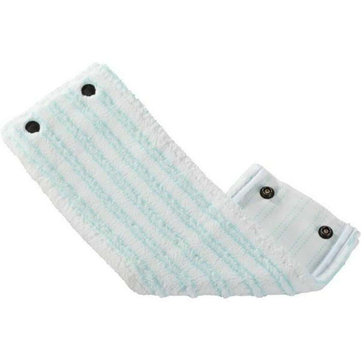 Un panno mocio bianco a strisce verde chiaro con bottoni automatici neri.