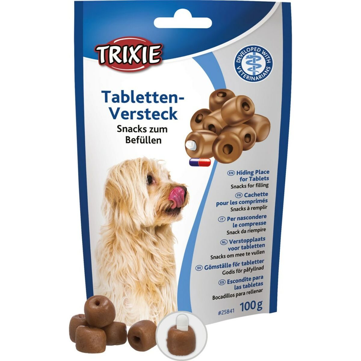 Premios Trixie para perros: marrones, masticables rellenables, un perro se lame los labios.