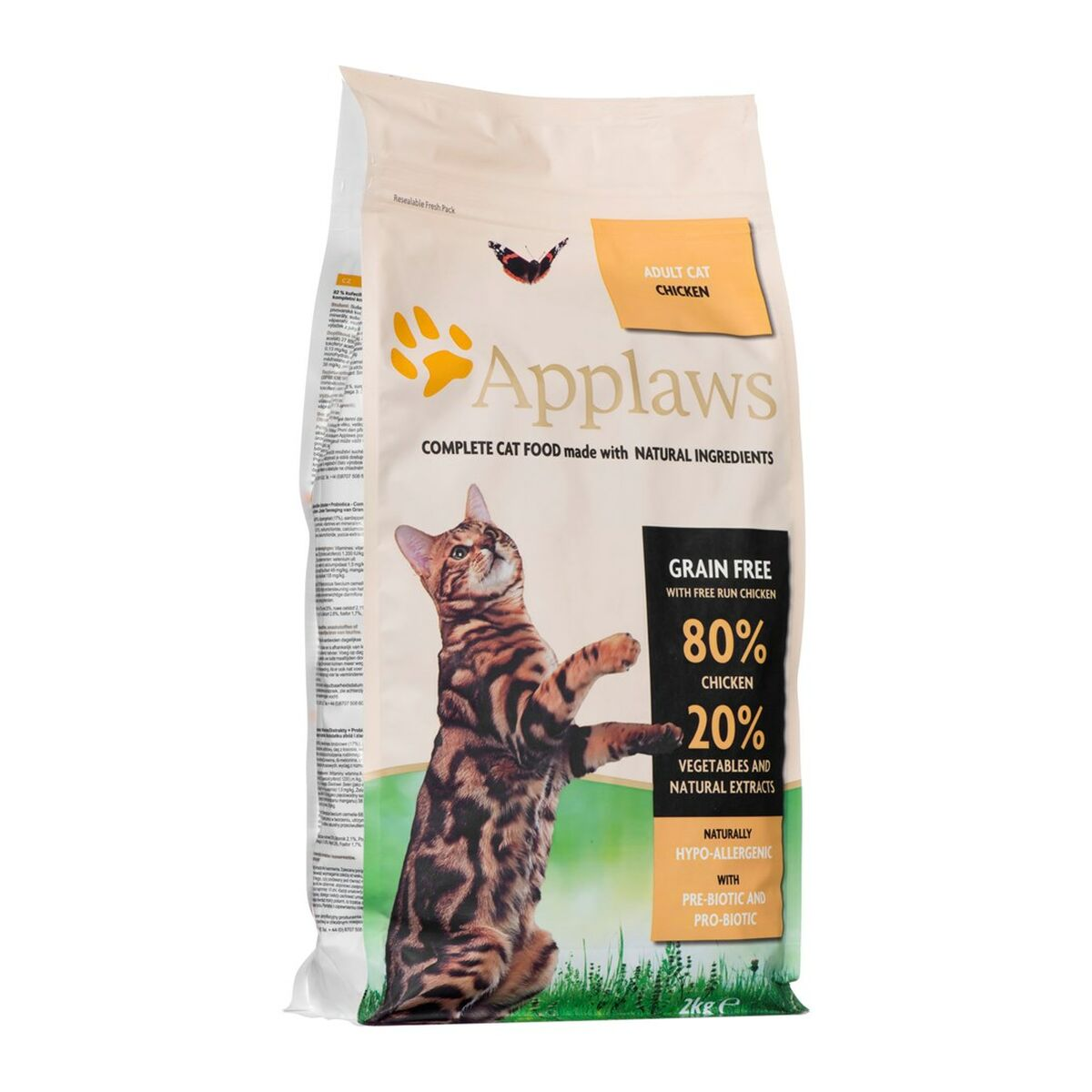 Bolsa de comida para gatos Applaws con pollo, sin cereales, con gato y mariposa.
