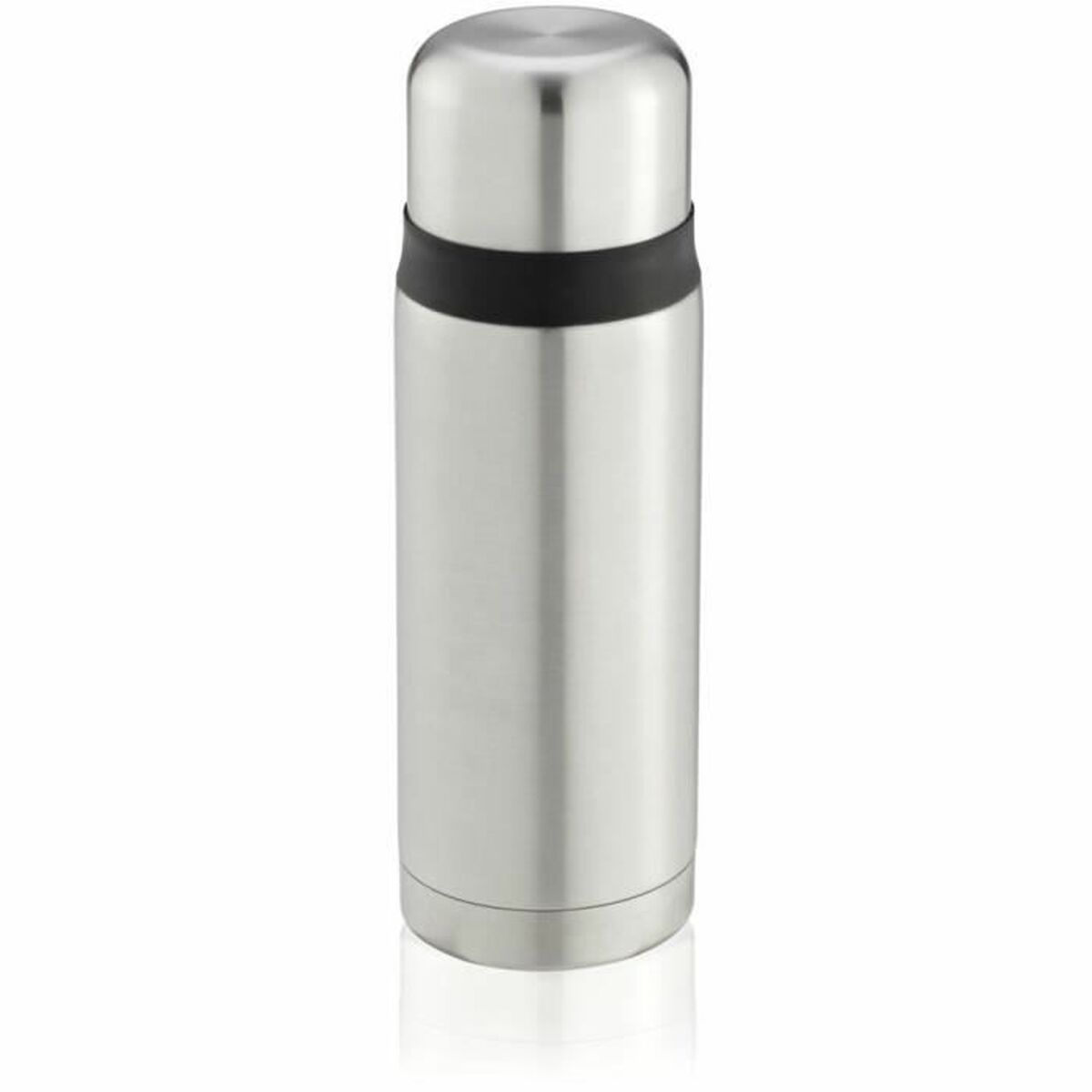 Silberfarbener Thermosbehälter mit schwarzem Band und silbernem Verschluss.