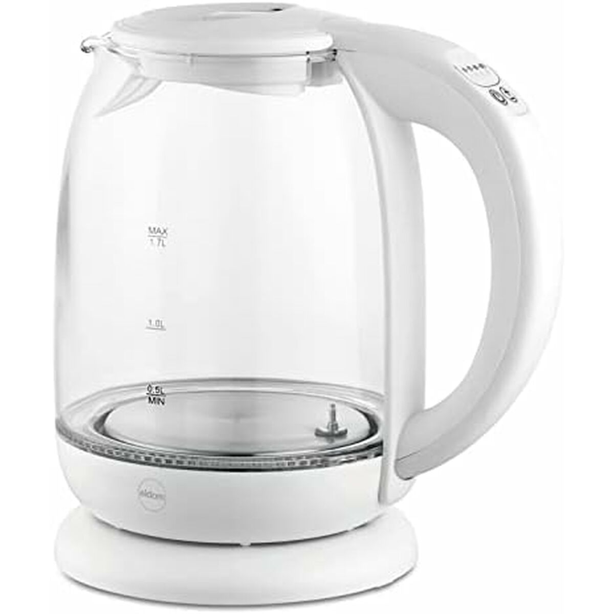 Een witte glazen waterkoker met handvat en bedieningselementen op een voet.