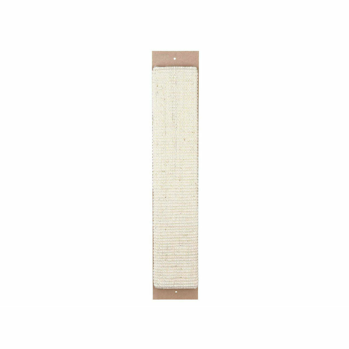 Tabla rascadora de sisal beige claro con colgador de cartón marrón.