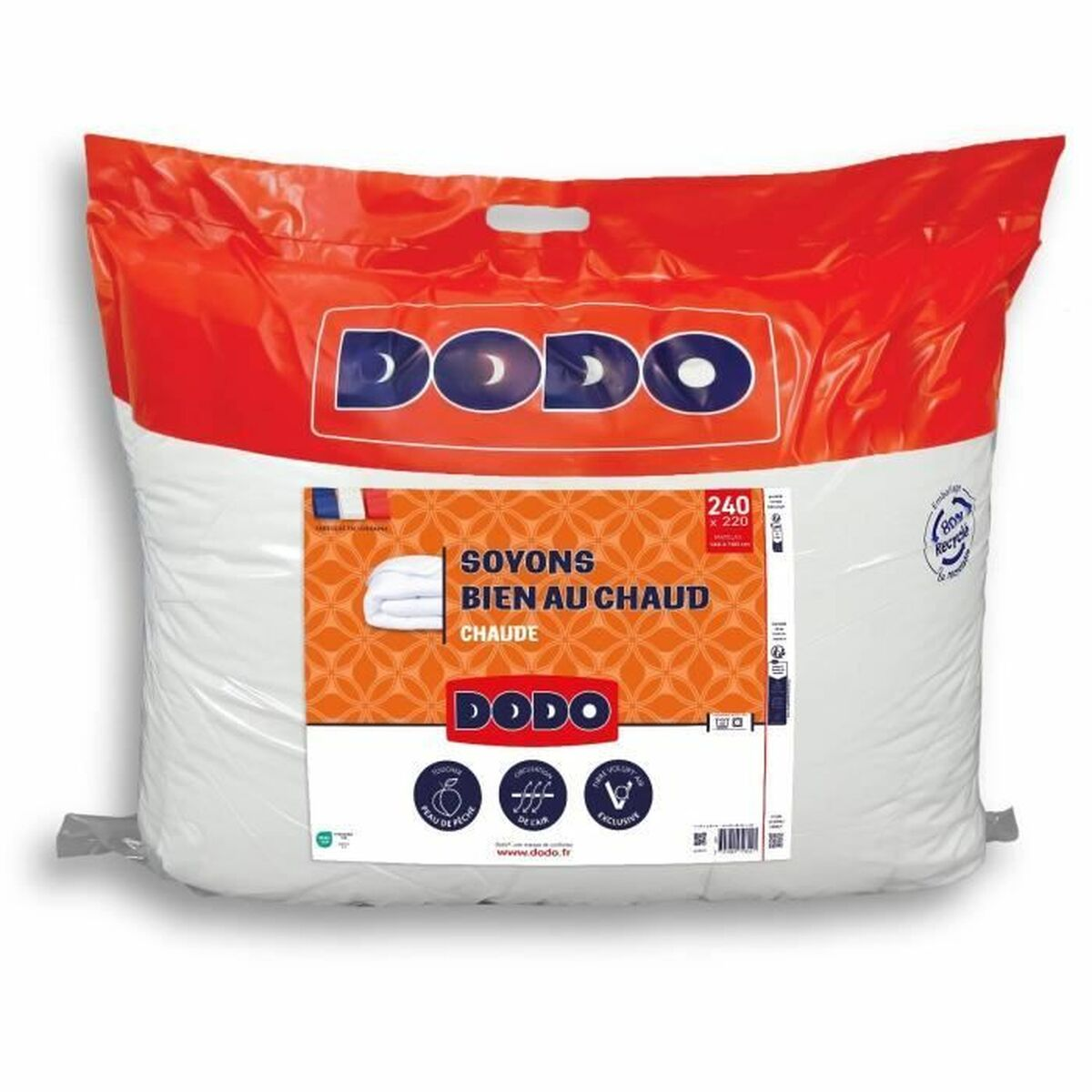 Ein Dodo-Steppbett in weißer Verpackung mit rotem und weißem Logo.