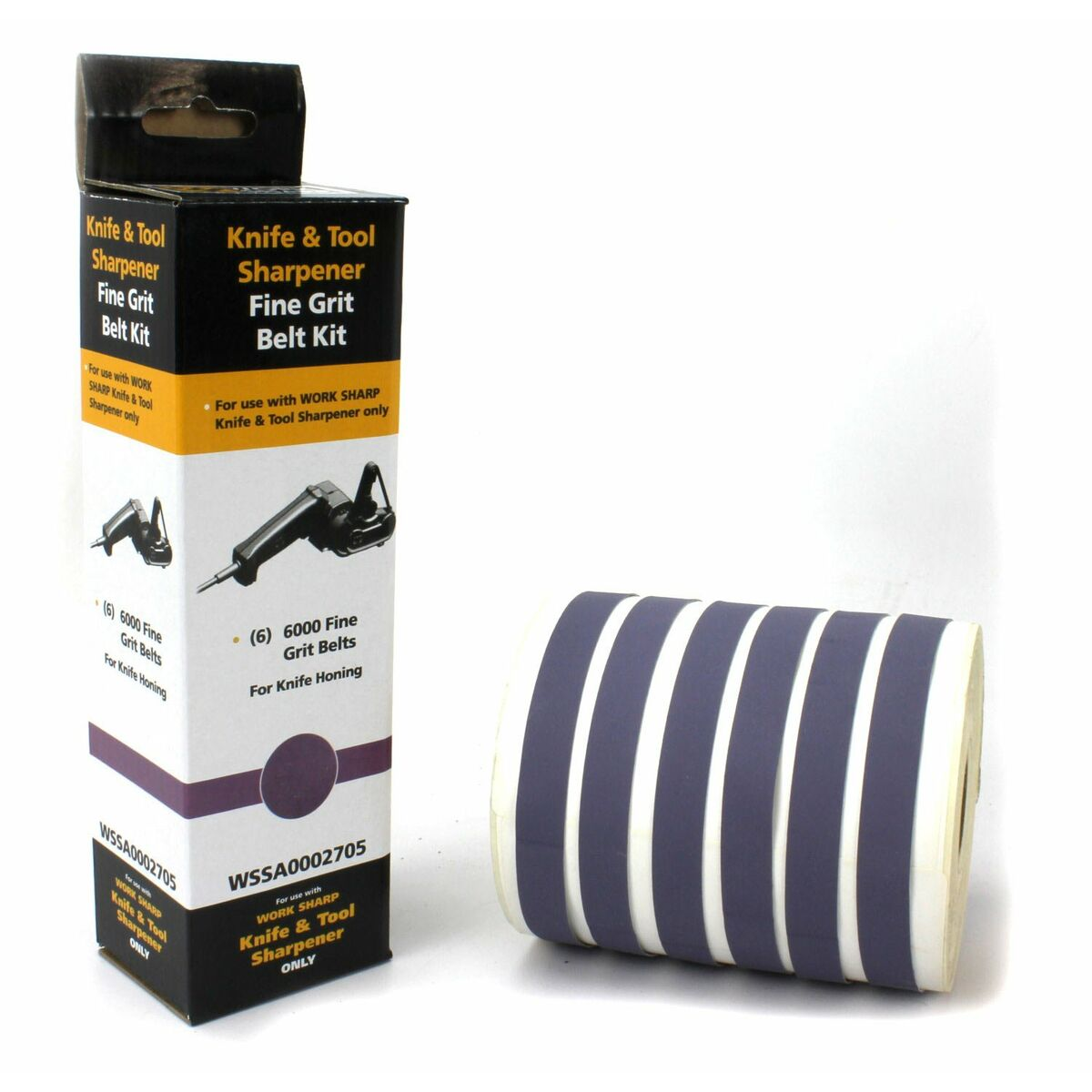 Verpackung für Schleifbänder und eine Rolle Schleifbänder mit grauen Streifen.
