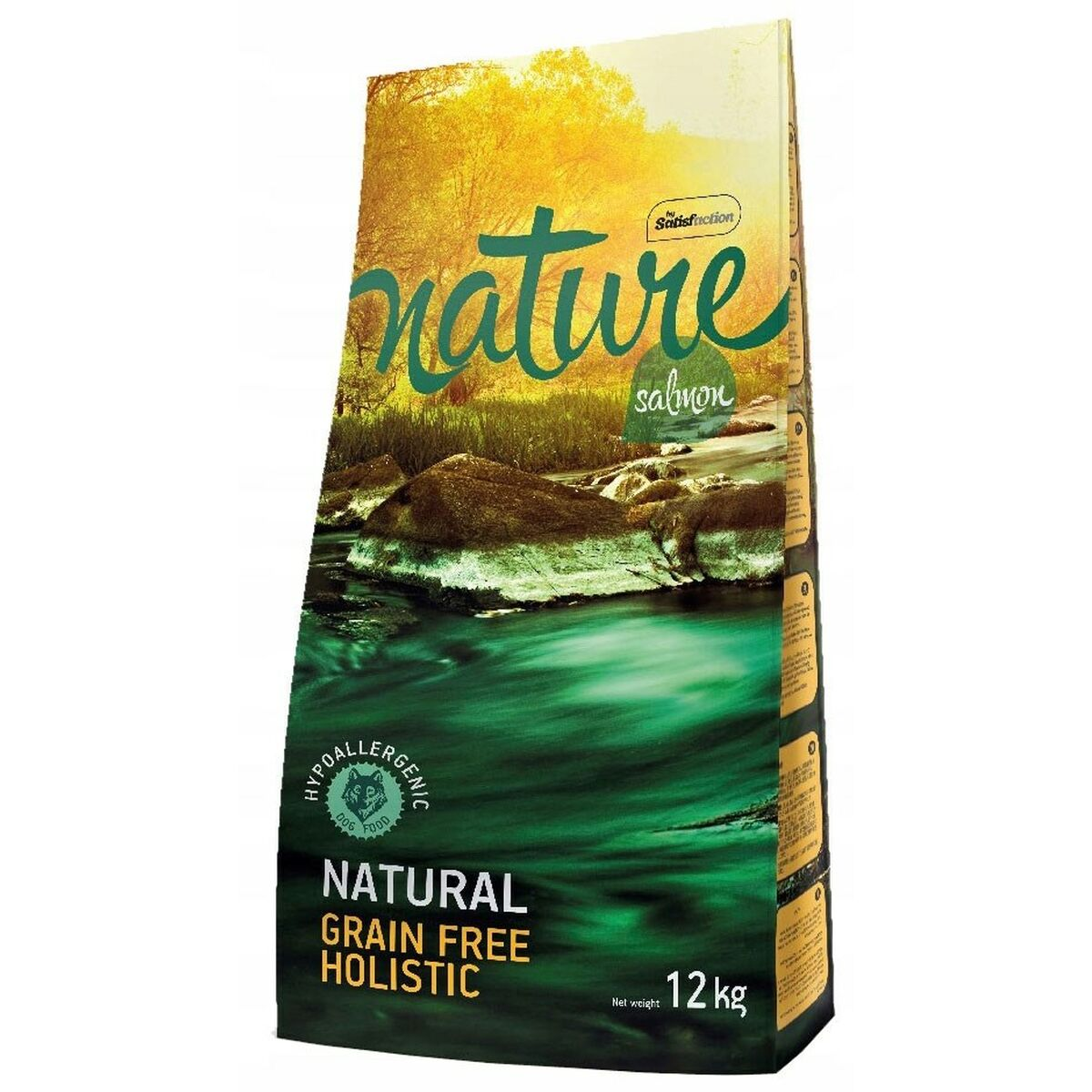 Bolsa de comida para perros Nature salmón, 12 kg, con escena natural.