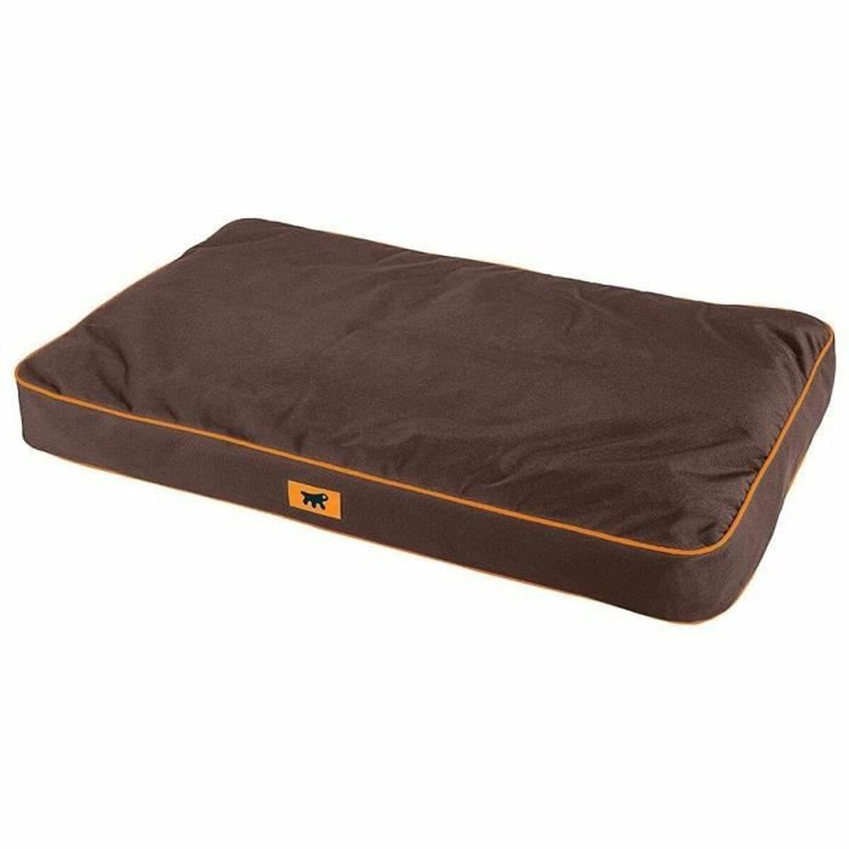 Una cuccia per cani marrone con bordo arancione e logo cane.