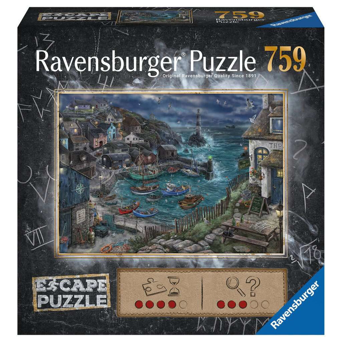 Ravensburger Escape Puzzle 759: Wioska rybacka nad morzem nocą, latarnia morska, łodzie.