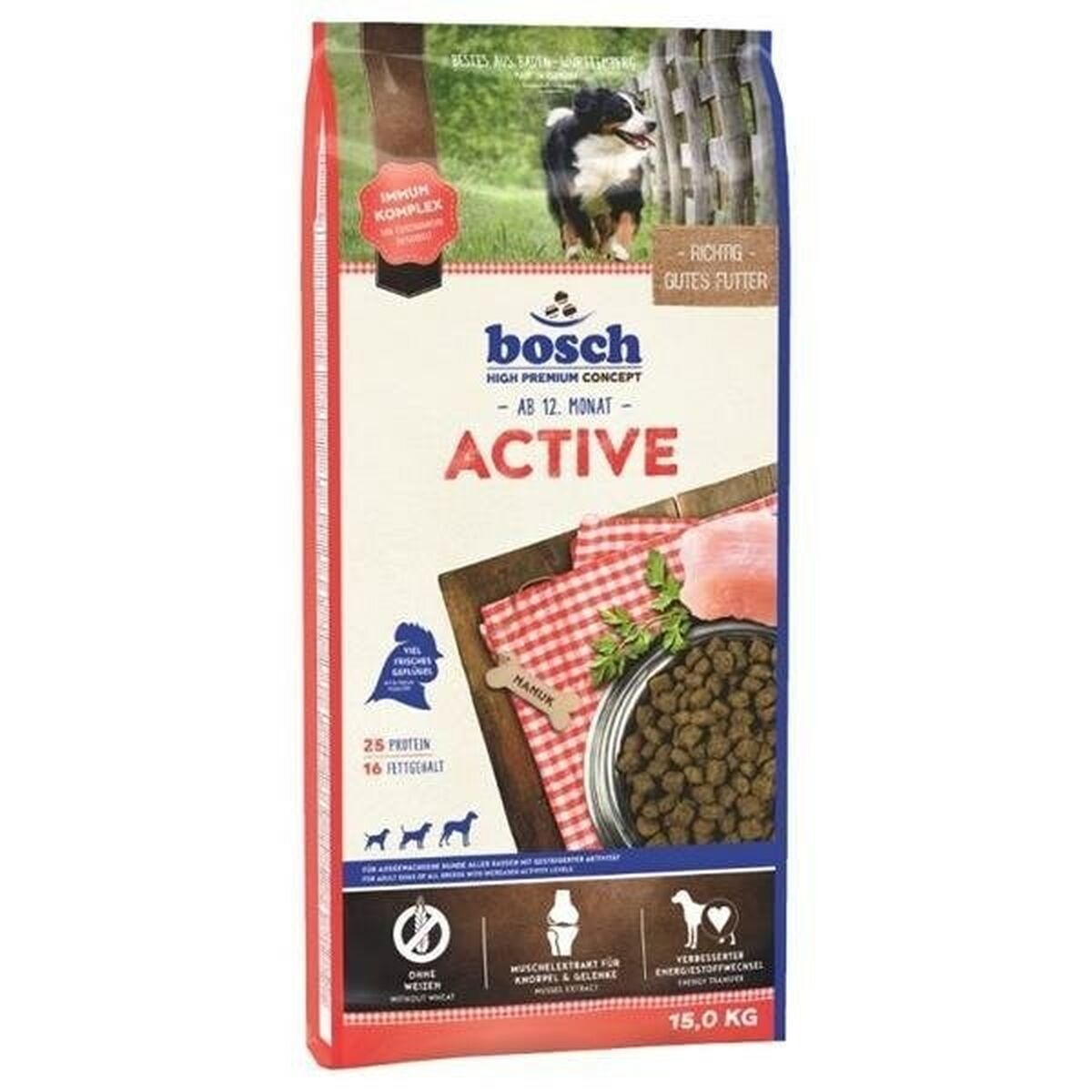 Torba karmy dla psów Bosch "Active" z psem, mięsem i karmą.