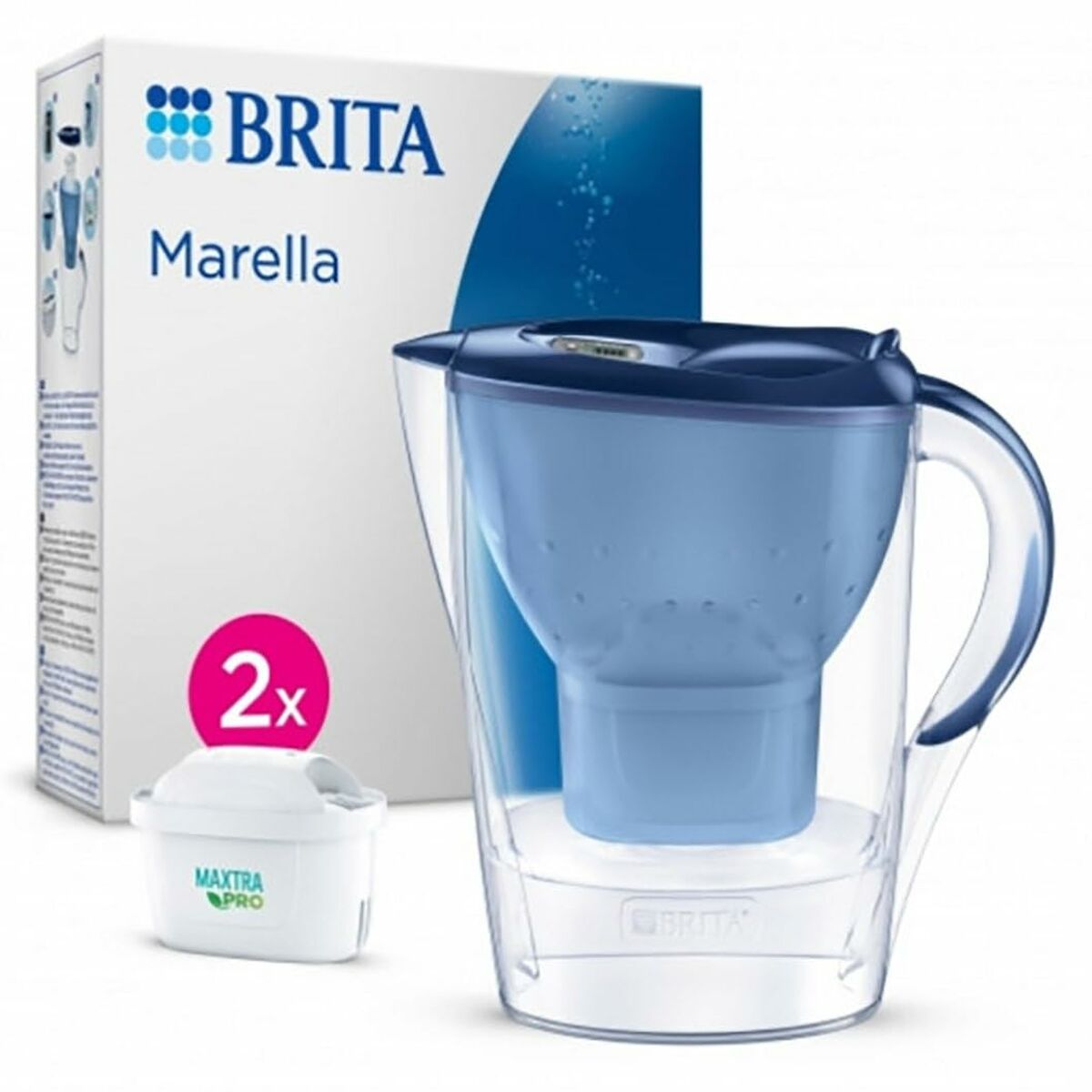 Dzbanek filtrujący Brita Marella z dwoma filtrami Maxtra Pro. Niebieski i przezroczysty plastik.