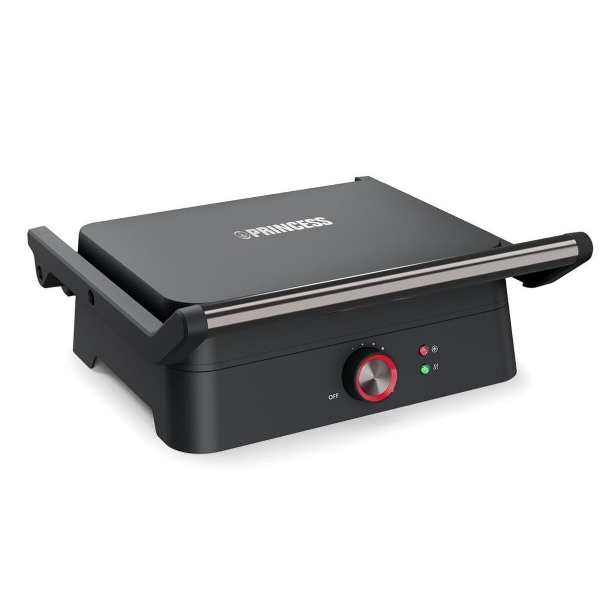 Grill a contatto nero con manico e manopole argentate.