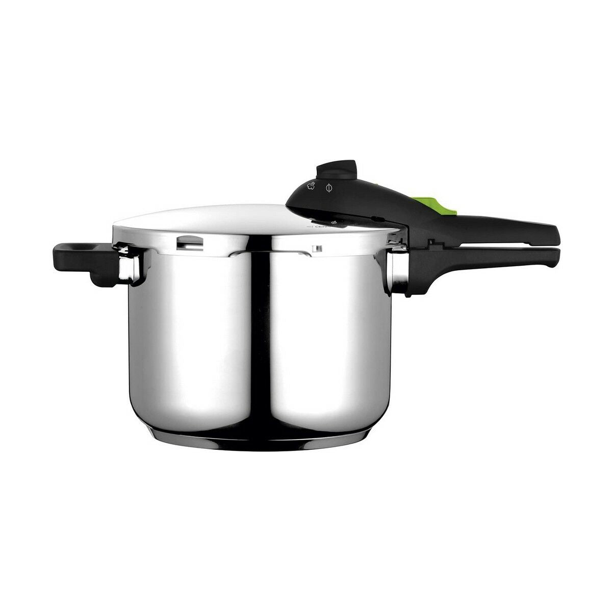 Una olla a presión plateada con asa negra y palanca verde.