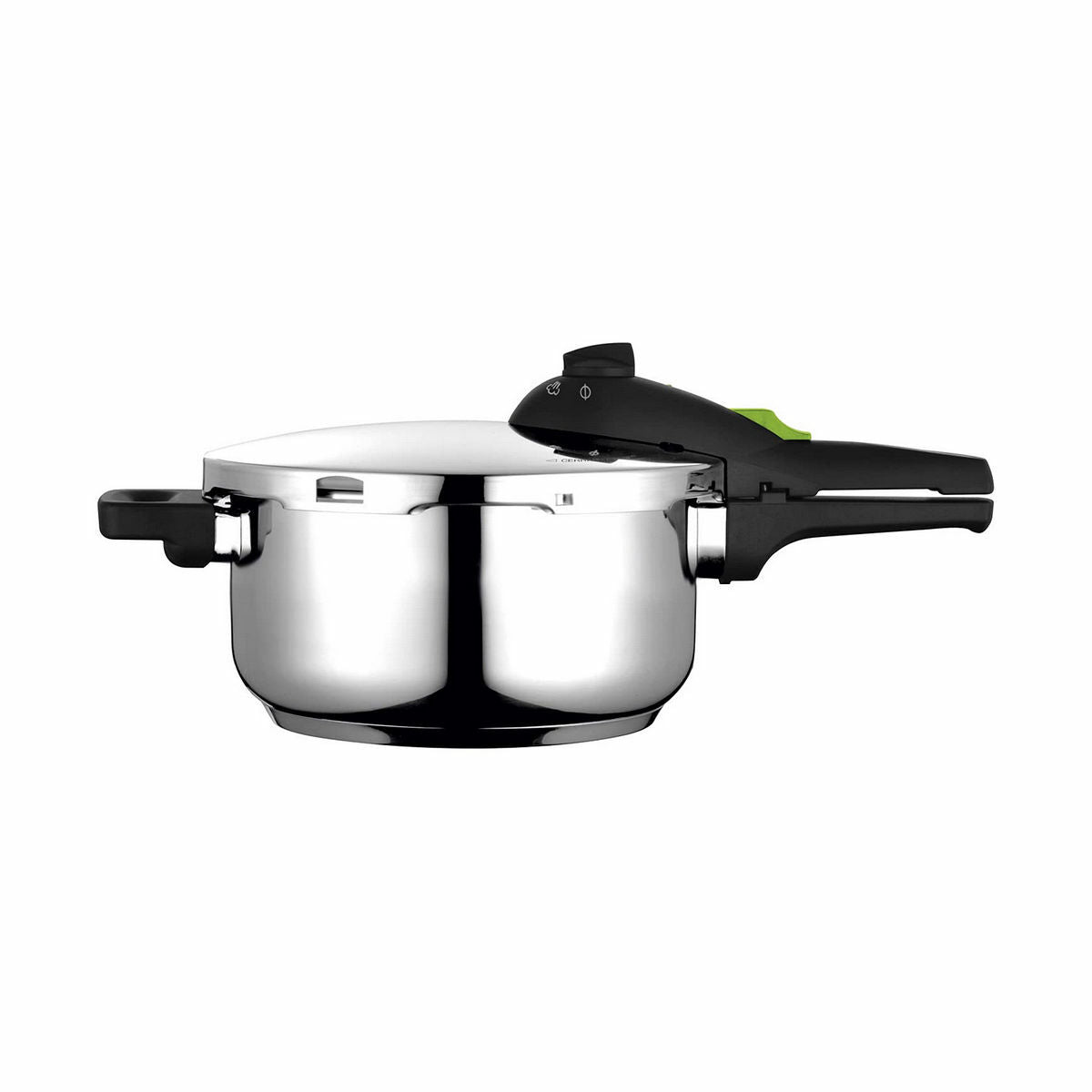 Olla a presión de acero inoxidable con asa negra y palanca verde.