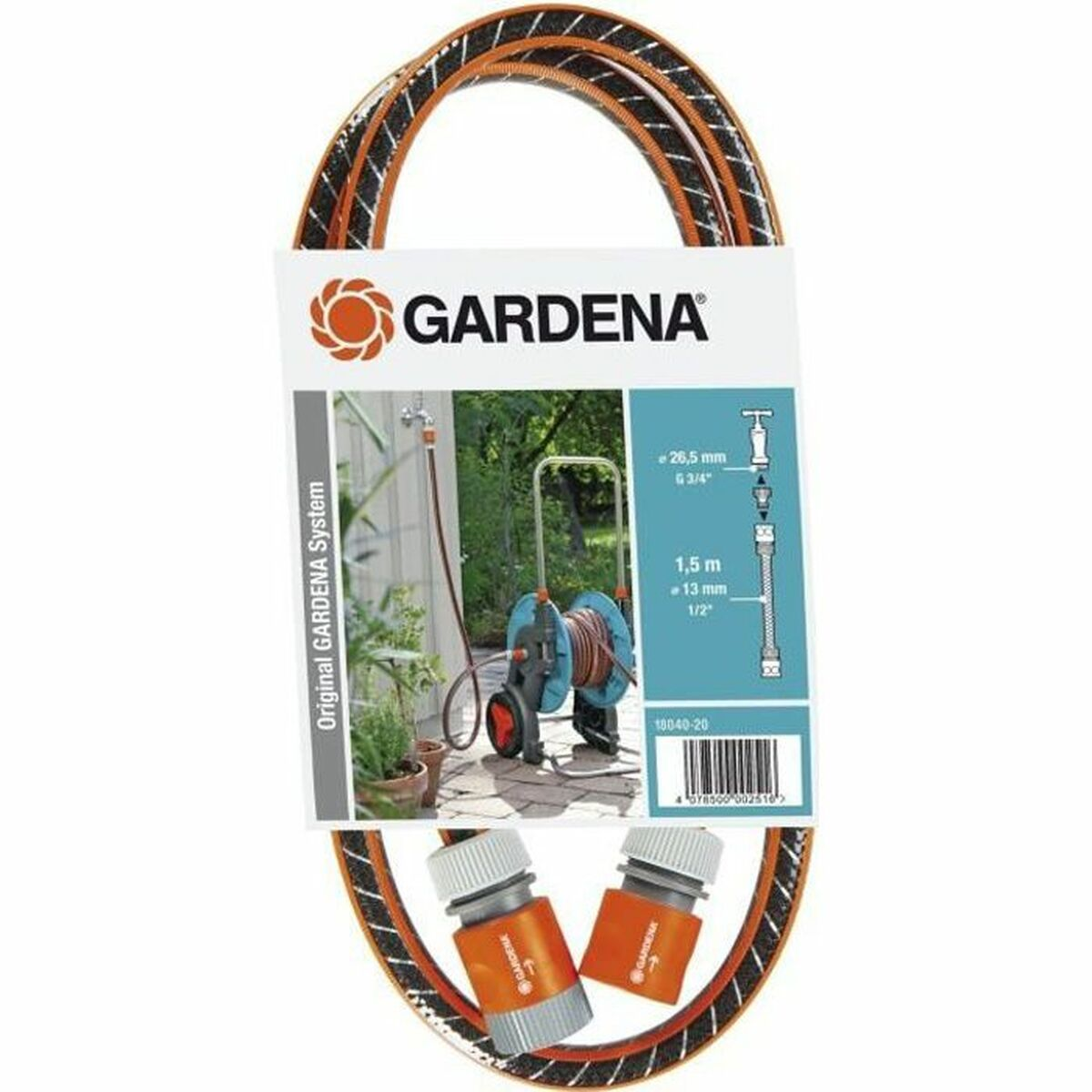 Gartenschlauch mit Anschlüssen und Rollenhalterung, Gardena-Marke.