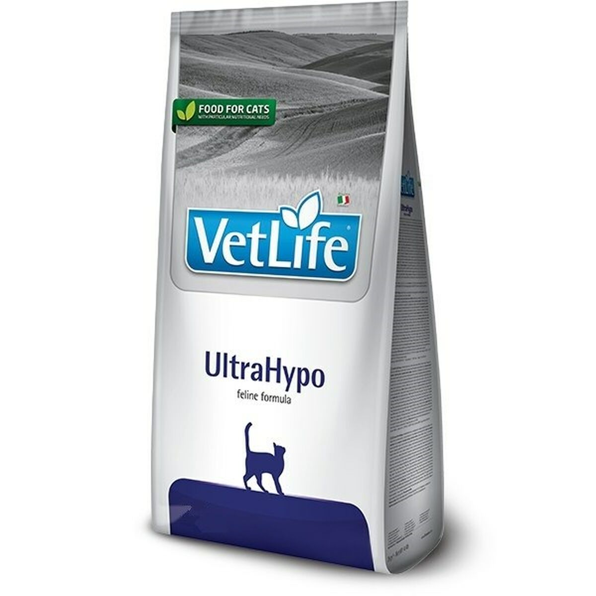 Torba karmy dla kotów z logo VetLife i nadrukiem UltraHypo formuła dla kotów.
