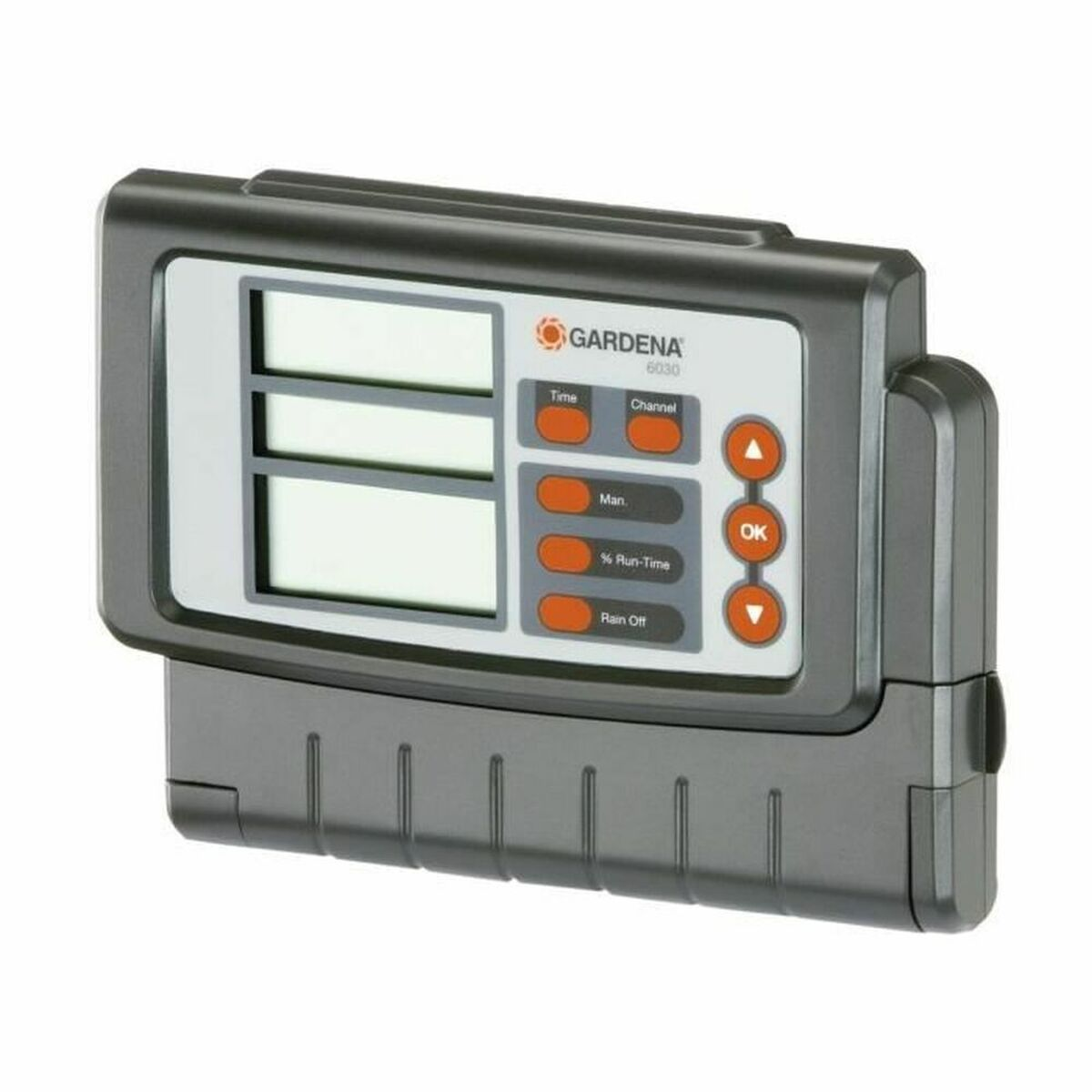 Timer Gardena 6030 con schermo LCD e pulsanti arancioni: Ora, Canale, Manuale, % Tempo di esecuzione, Pioggia disattivata.