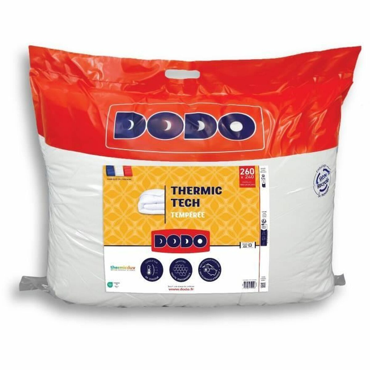 Ein großer, weißer Dodo-Bettbezug in orangefarbener Verpackung mit Produktinformationen.