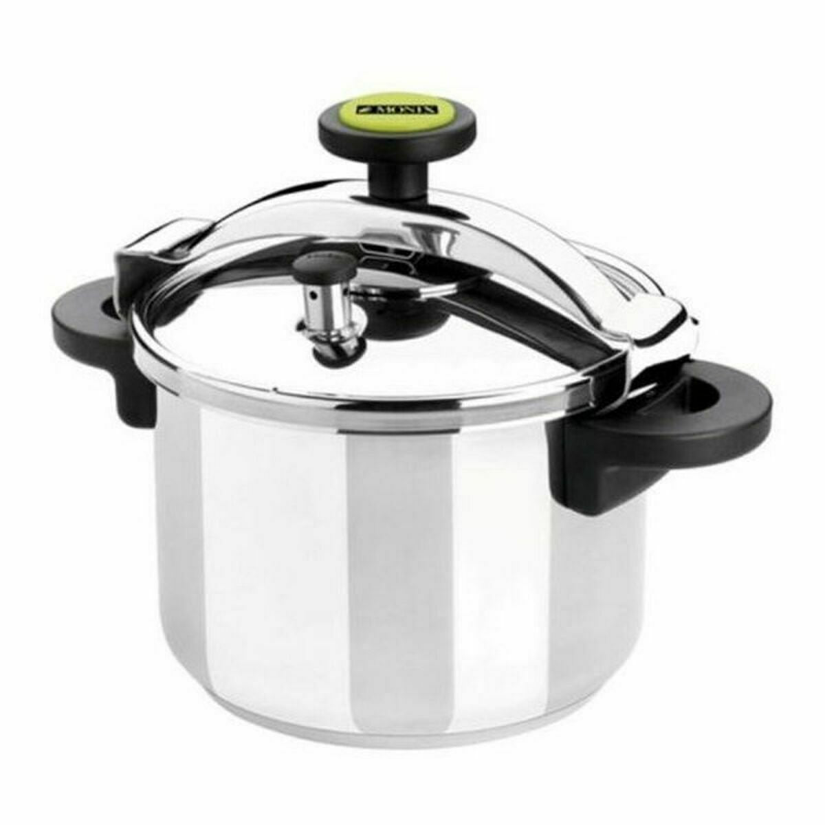 Olla a presión de acero inoxidable con asas negras y válvula verde.